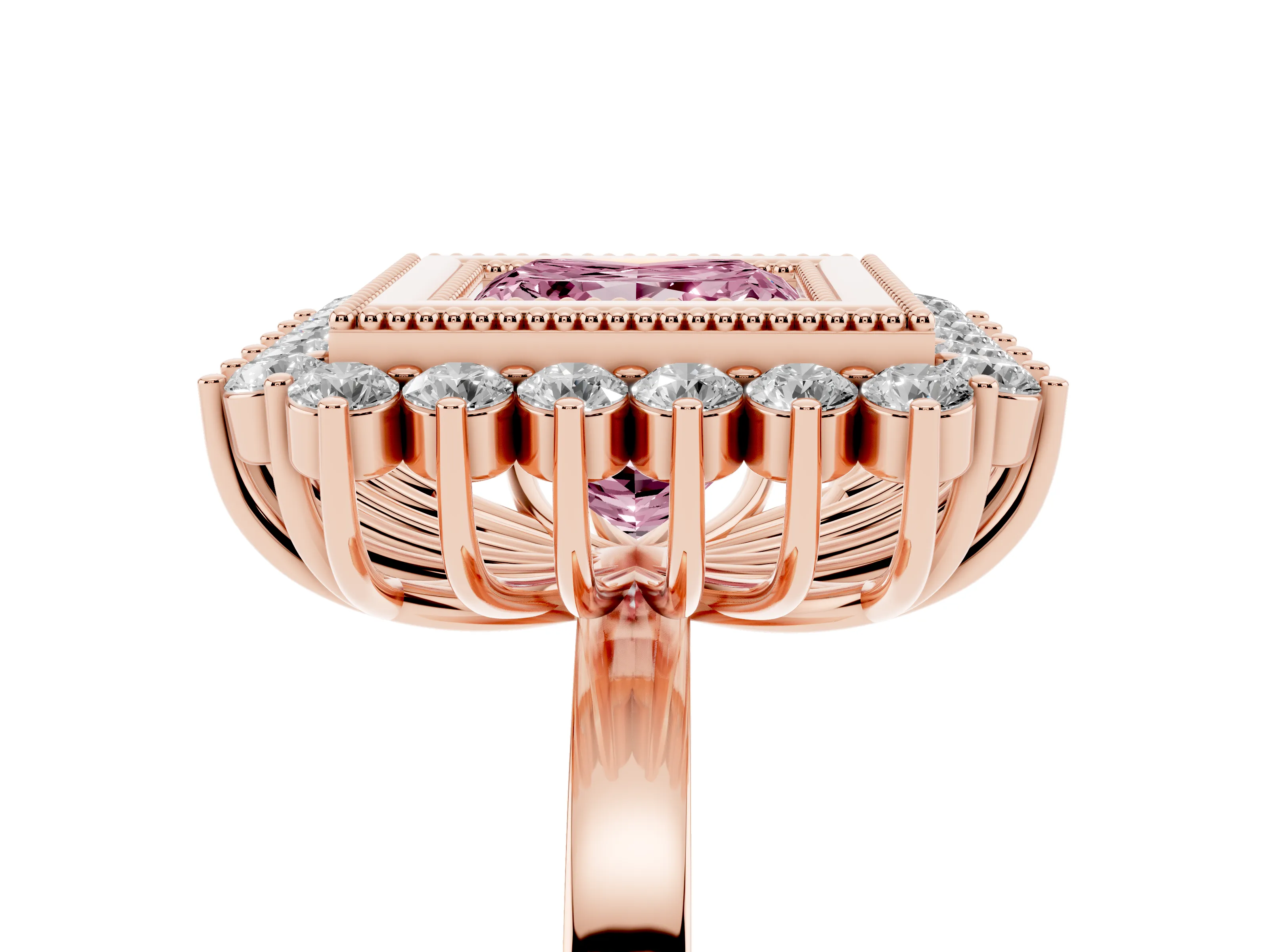 Fancy Pink Princess Cut Diamond Halo Ring Set in Rose gold with Milgrain Edge and Round Prong Setting