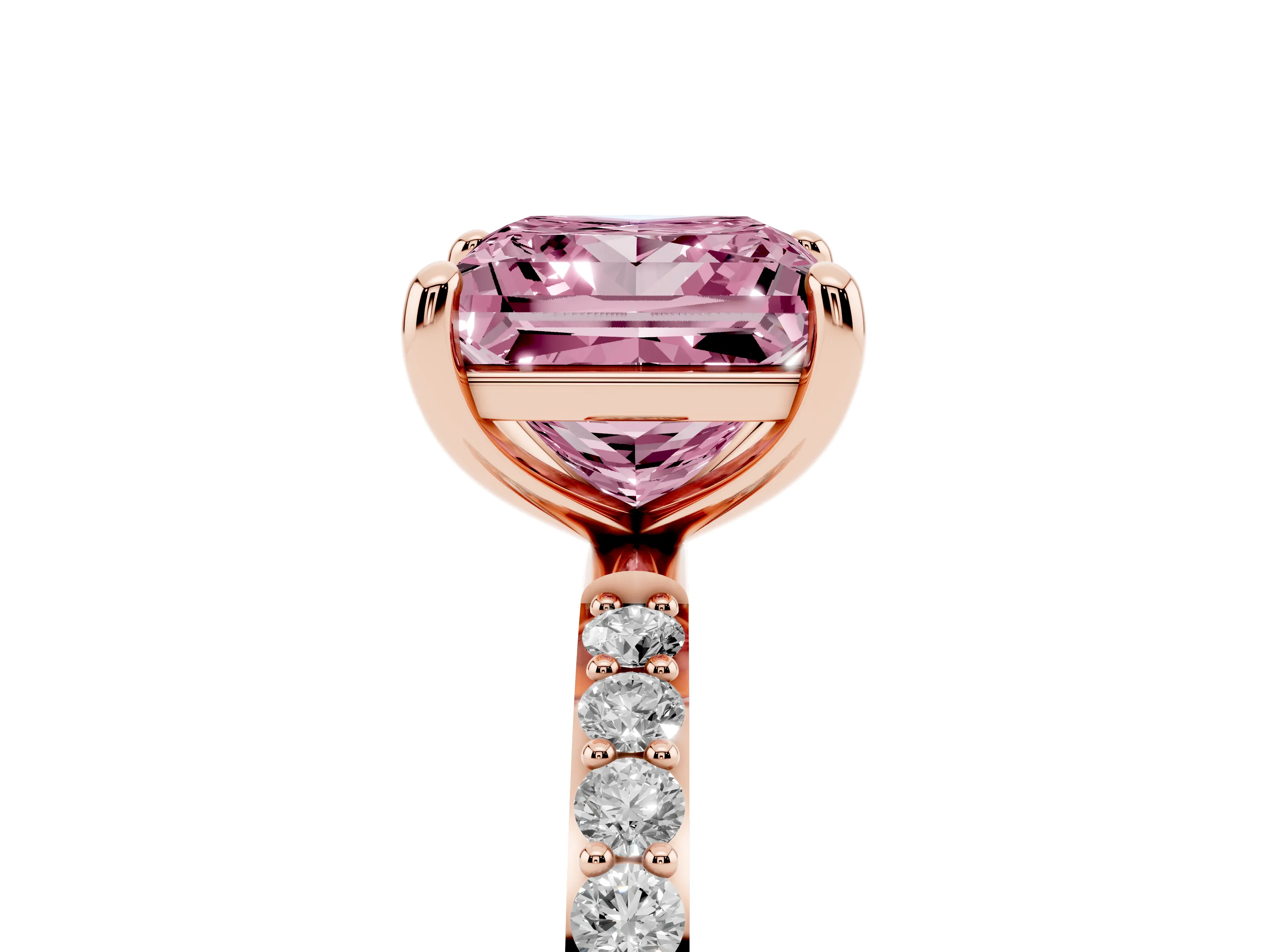 Fancy Pink Princess Cut Diamond Solitaire Ring Set in Rose gold with Round Pavé Band and Prong Setting
