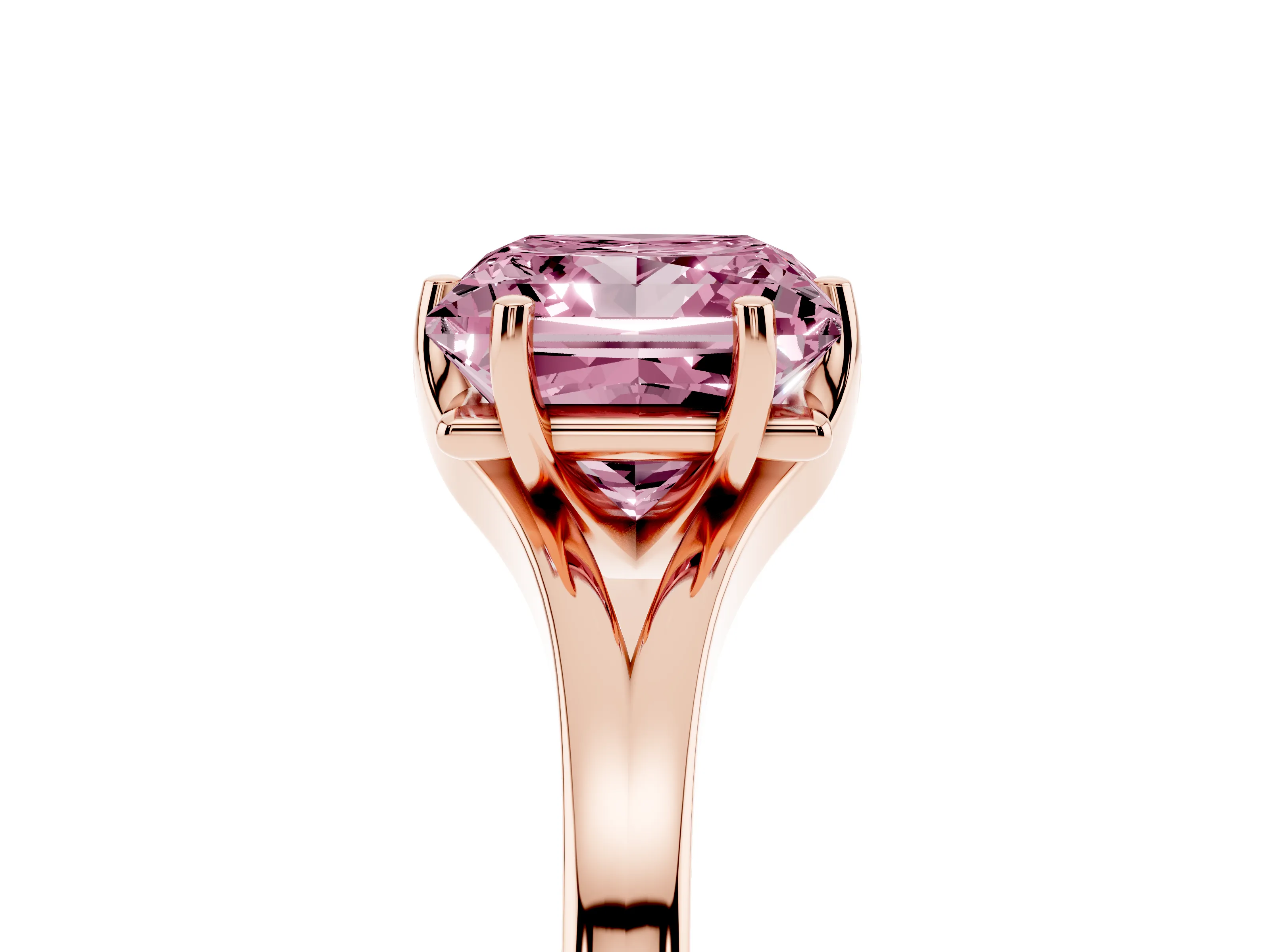 Fancy Pink Princess Cut Diamond Solitaire Ring Set in Rose gold with Polished Tapered Band and Prong Setting