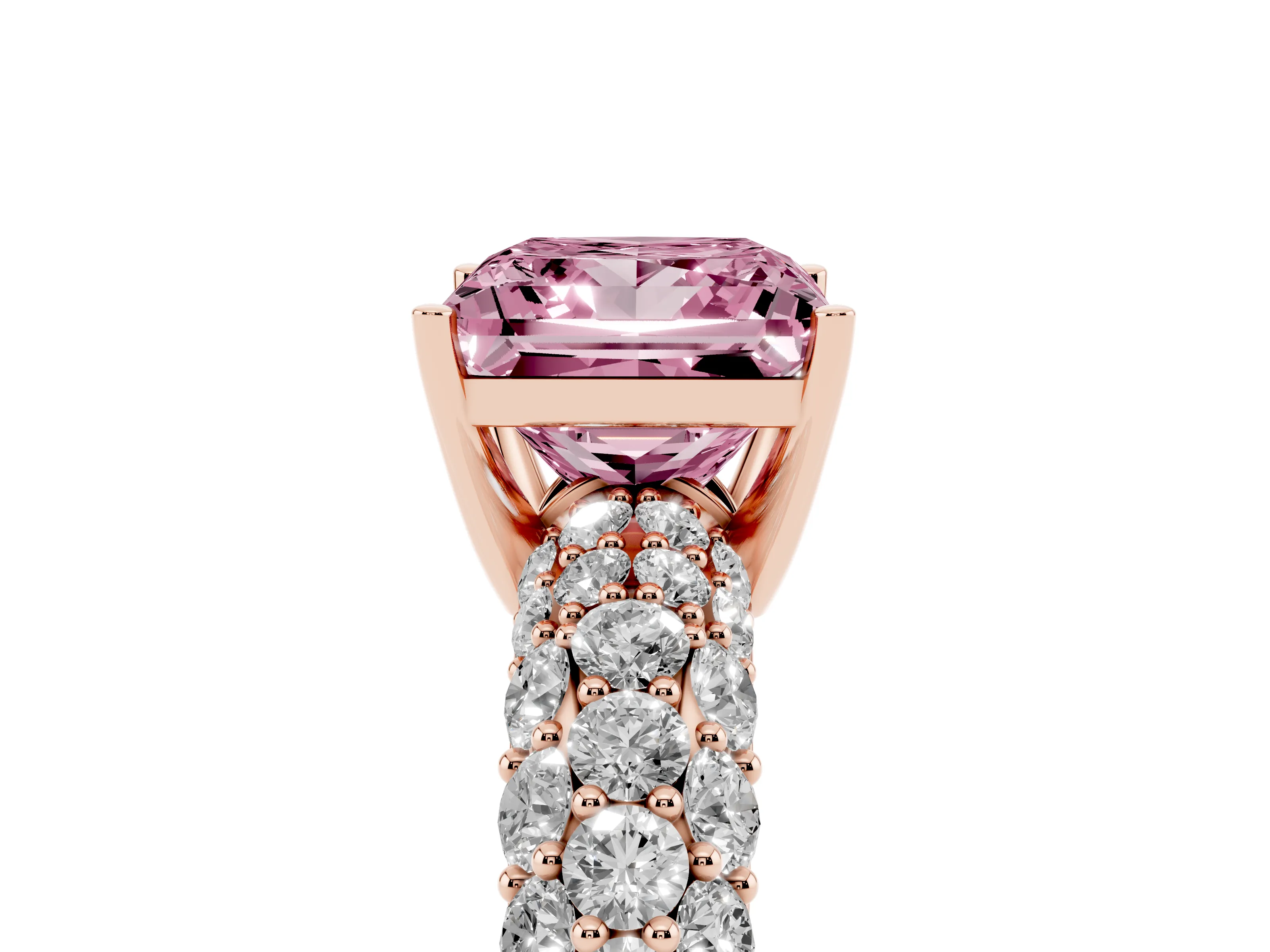 Fancy Pink Princess Cut Diamond Pavé Band Solitaire Ring Set in Rose gold with Close-Set Accent Stones and Prong Setting