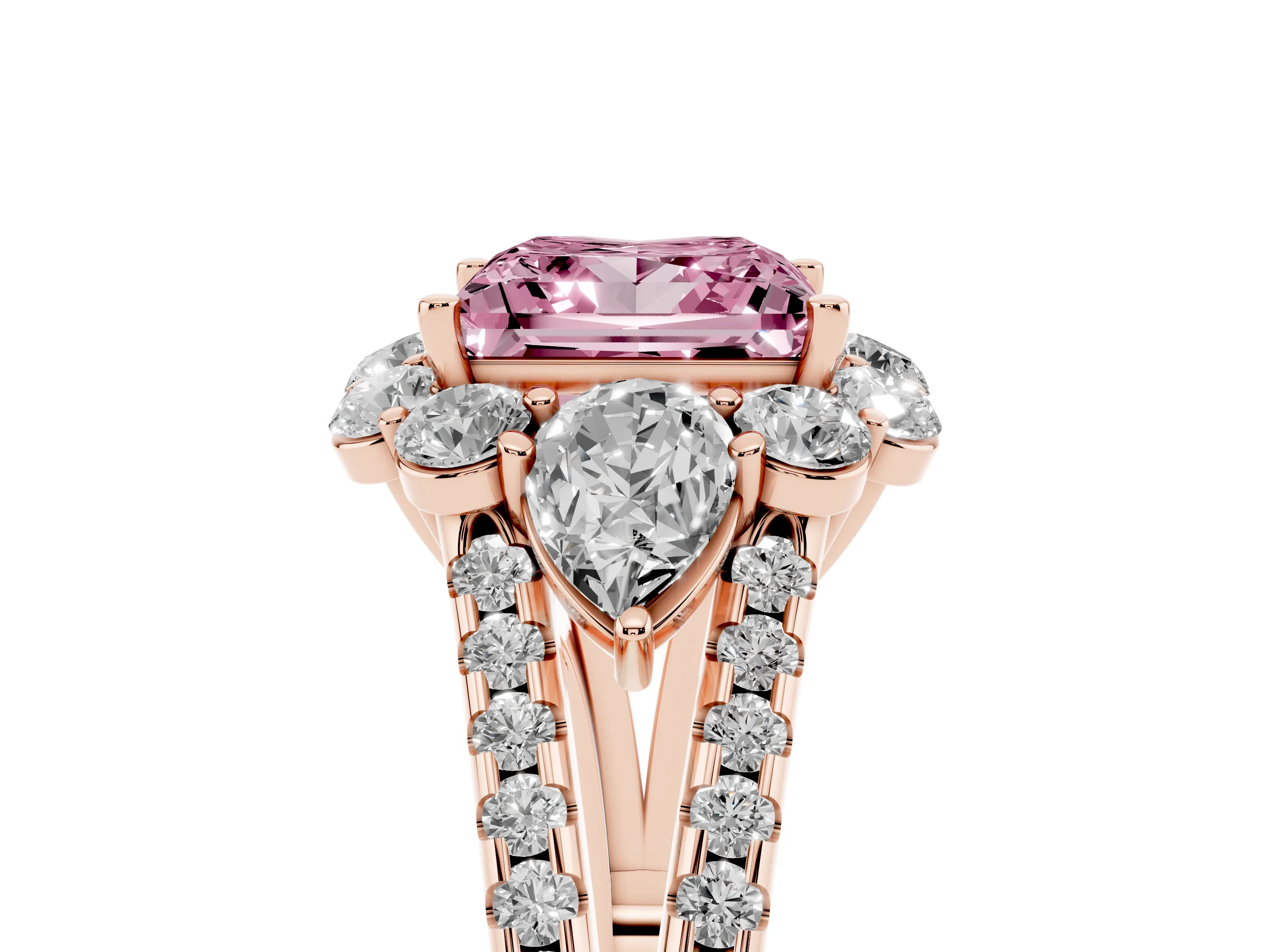 Fancy Pink Princess Cut Diamond Halo Split Shank Engagement Ring Set in Rose gold with Prong-Held Center Stone