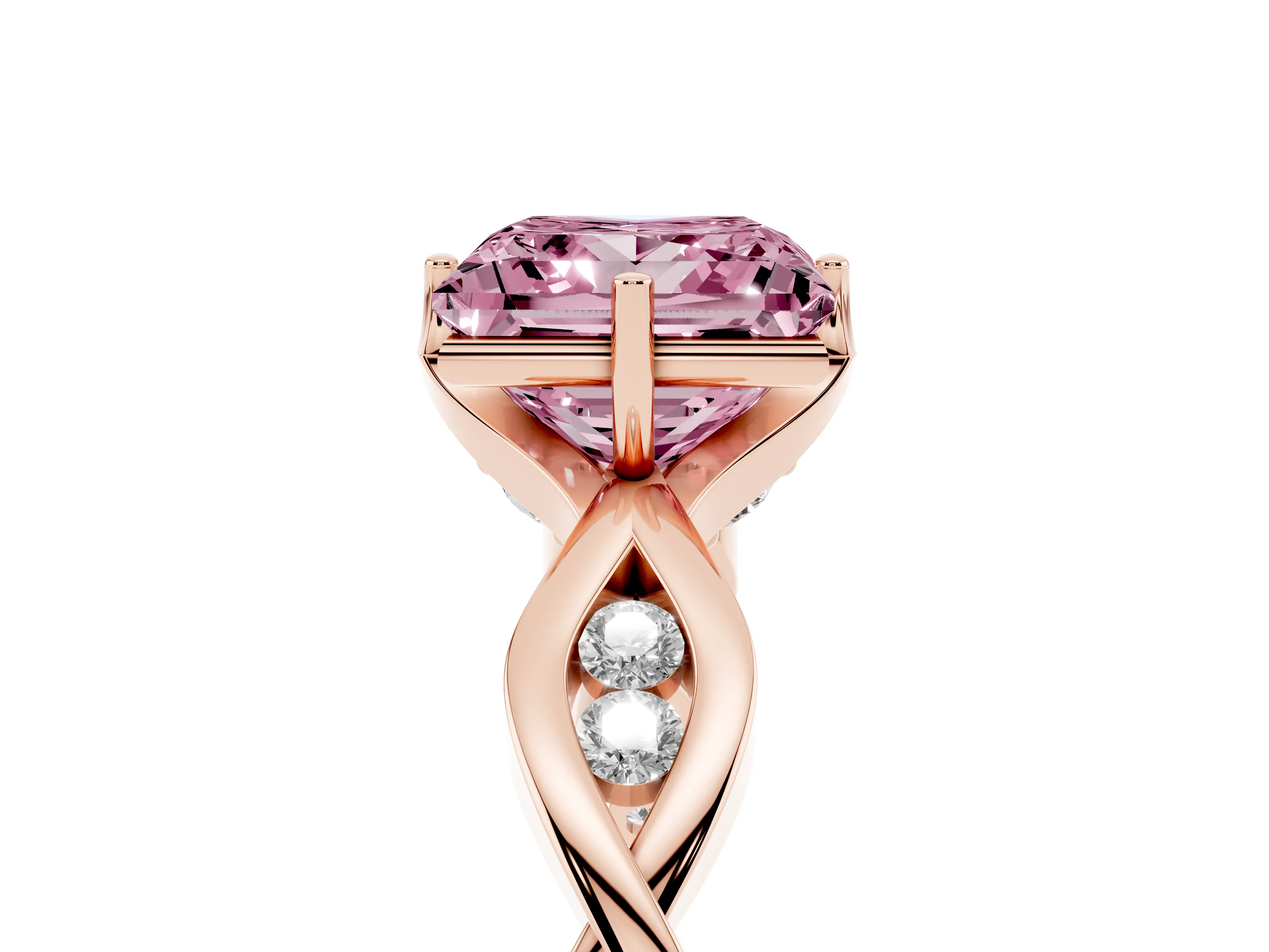 Fancy Pink Princess Cut Diamond Twist Band Solitaire Ring Set in Rose gold with Leaf Prong Setting and Accent Stones
