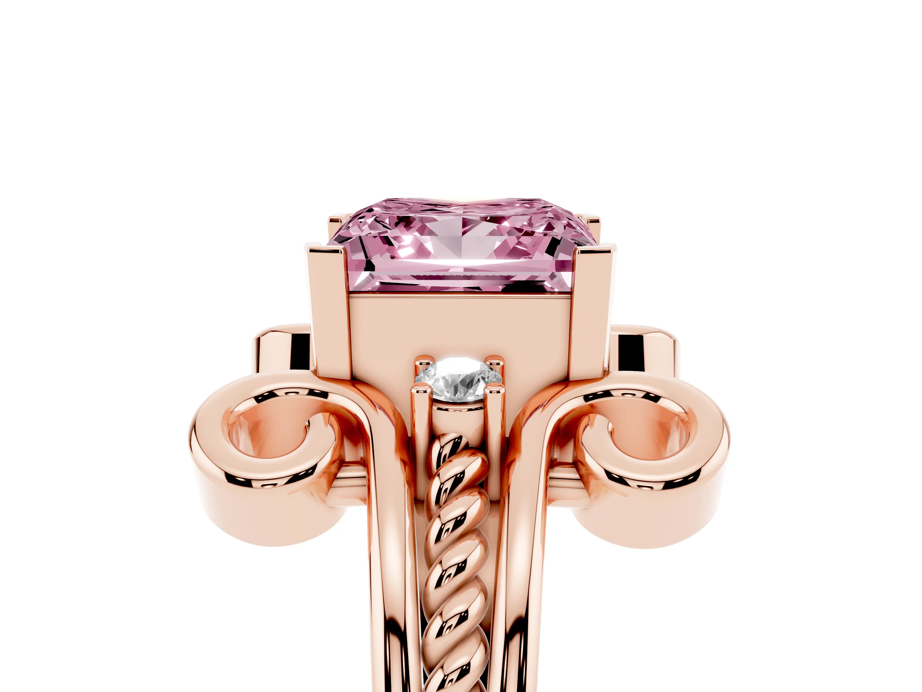 Fancy Pink Princess Cut Diamond Twisted Band Solitaire Ring Set in Rose gold with Scroll Prongs