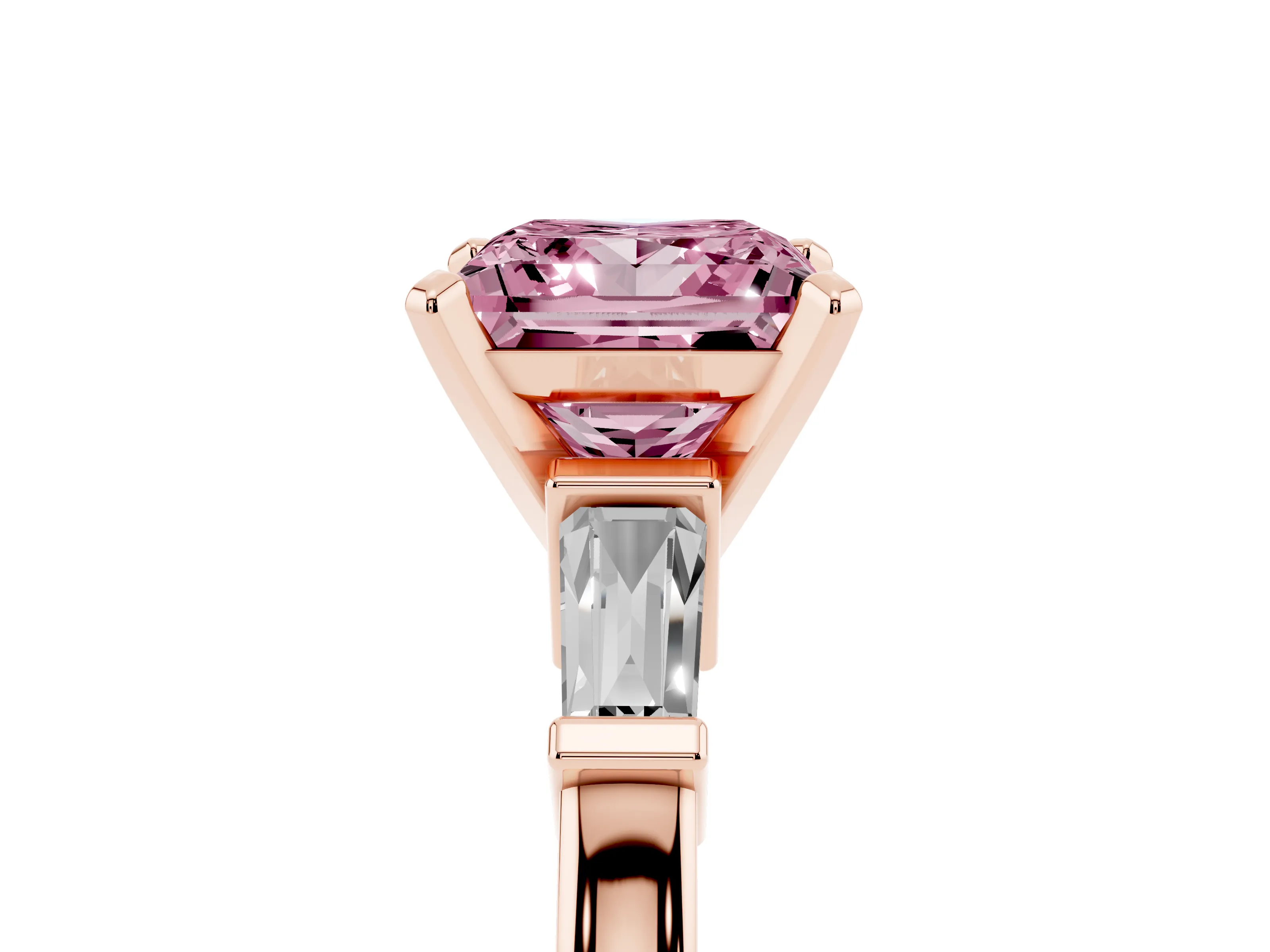 Fancy Pink Princess Cut Diamond Solitaire Ring Set in Rose gold with Tapered Baguette Accents and Prong Setting