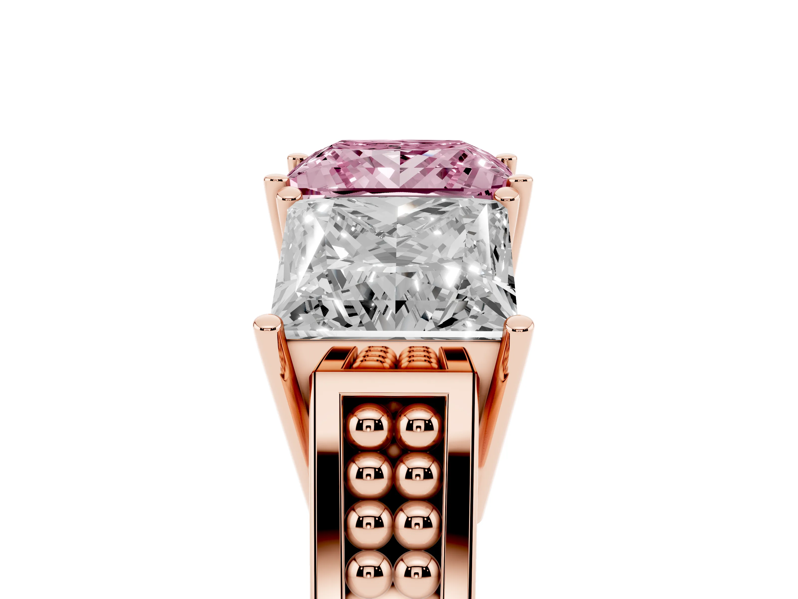 Fancy Pink Princess Cut Diamond Three-Stone Ring Set in Rose gold with Textured Band