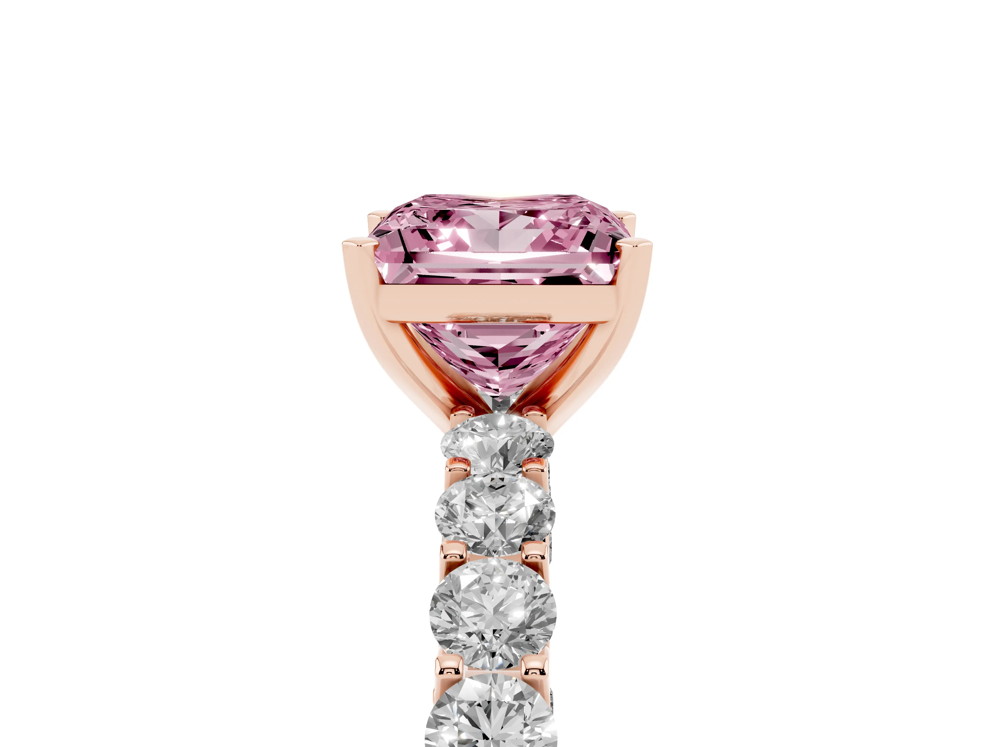 Fancy Pink Princess Cut Diamond Solitaire Ring Set in Rose gold with Shared Prong Pavé Band