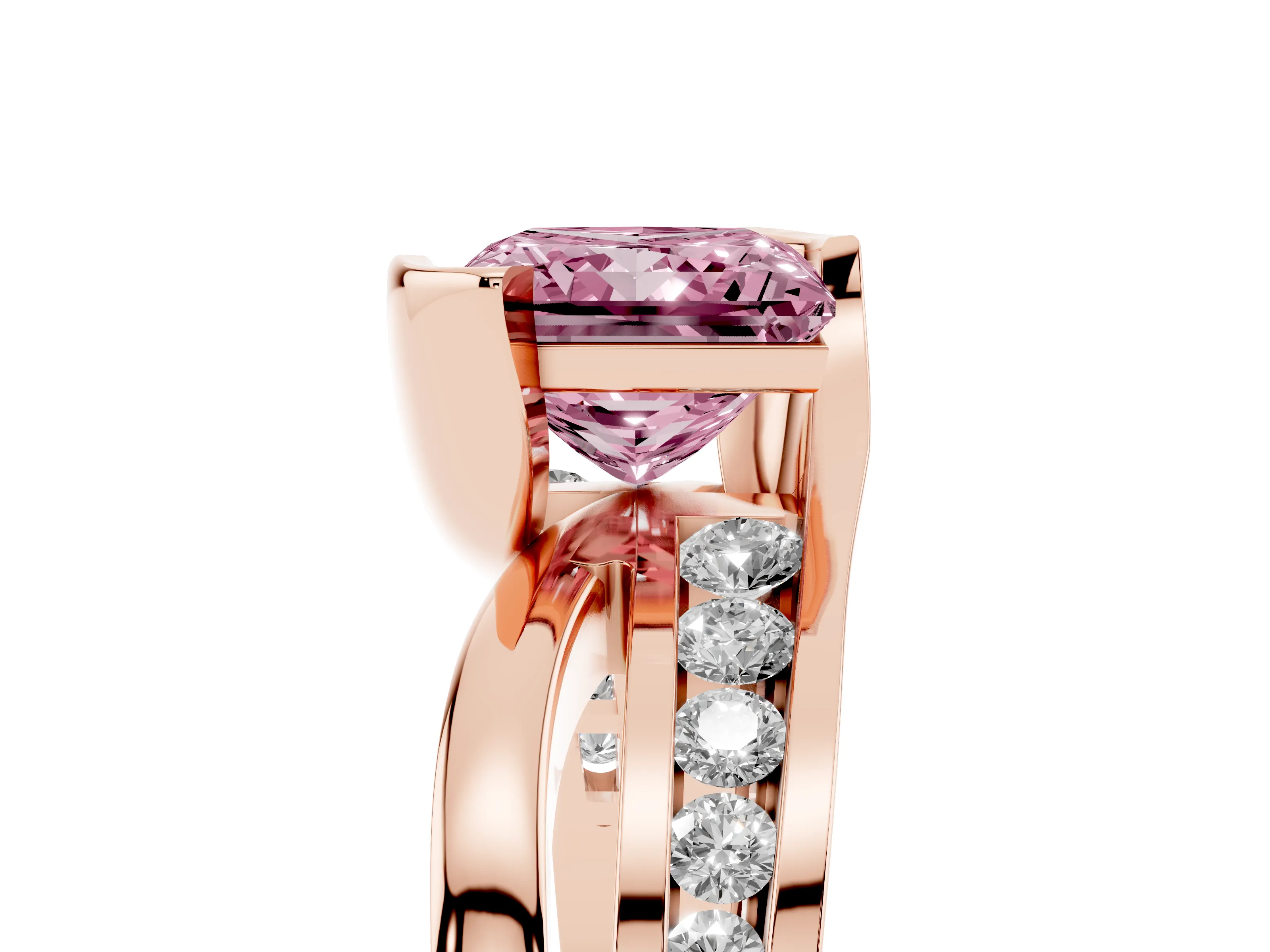 Fancy Pink Princess Cut Diamond Solitaire Ring Set in Rose gold with Channel Set Split Shank and Tension Prongs