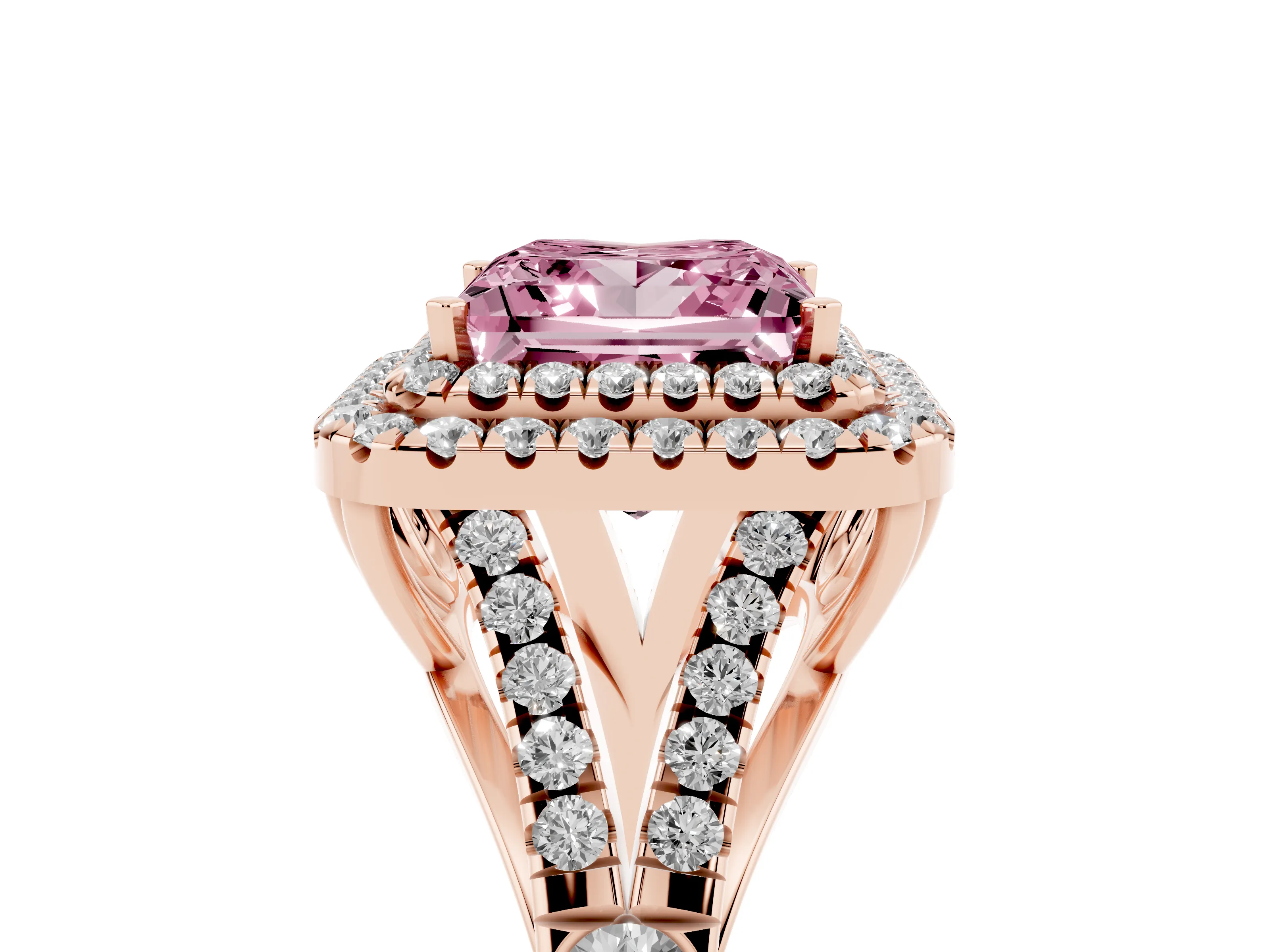 Fancy Pink Princess Cut Diamond Pavé Split Shank Double Halo Engagement Ring Set in Rose gold