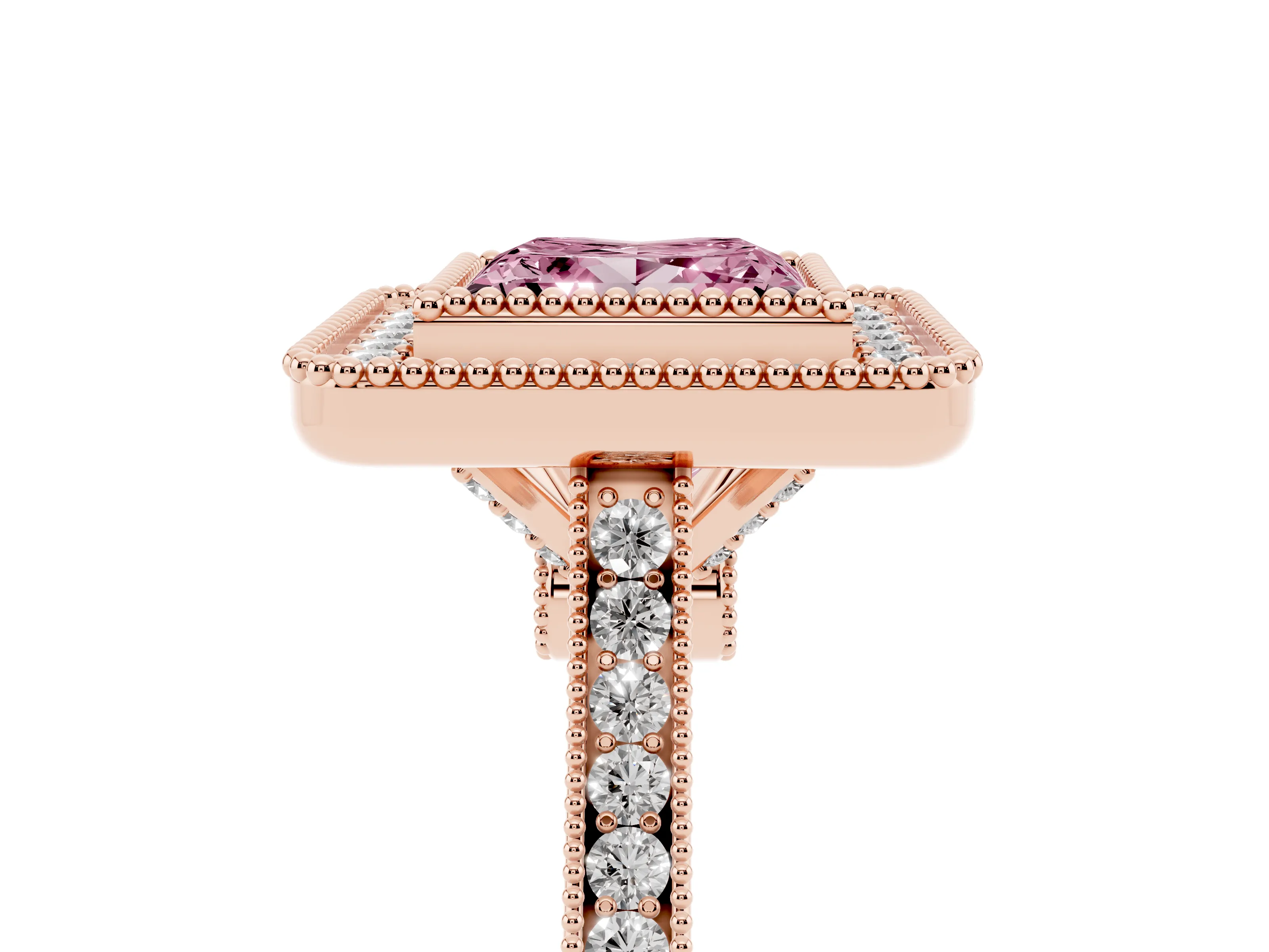 Fancy Pink Princess Cut Diamond Halo Ring Set in Rose gold with Milgrain Frame and Pavé Band