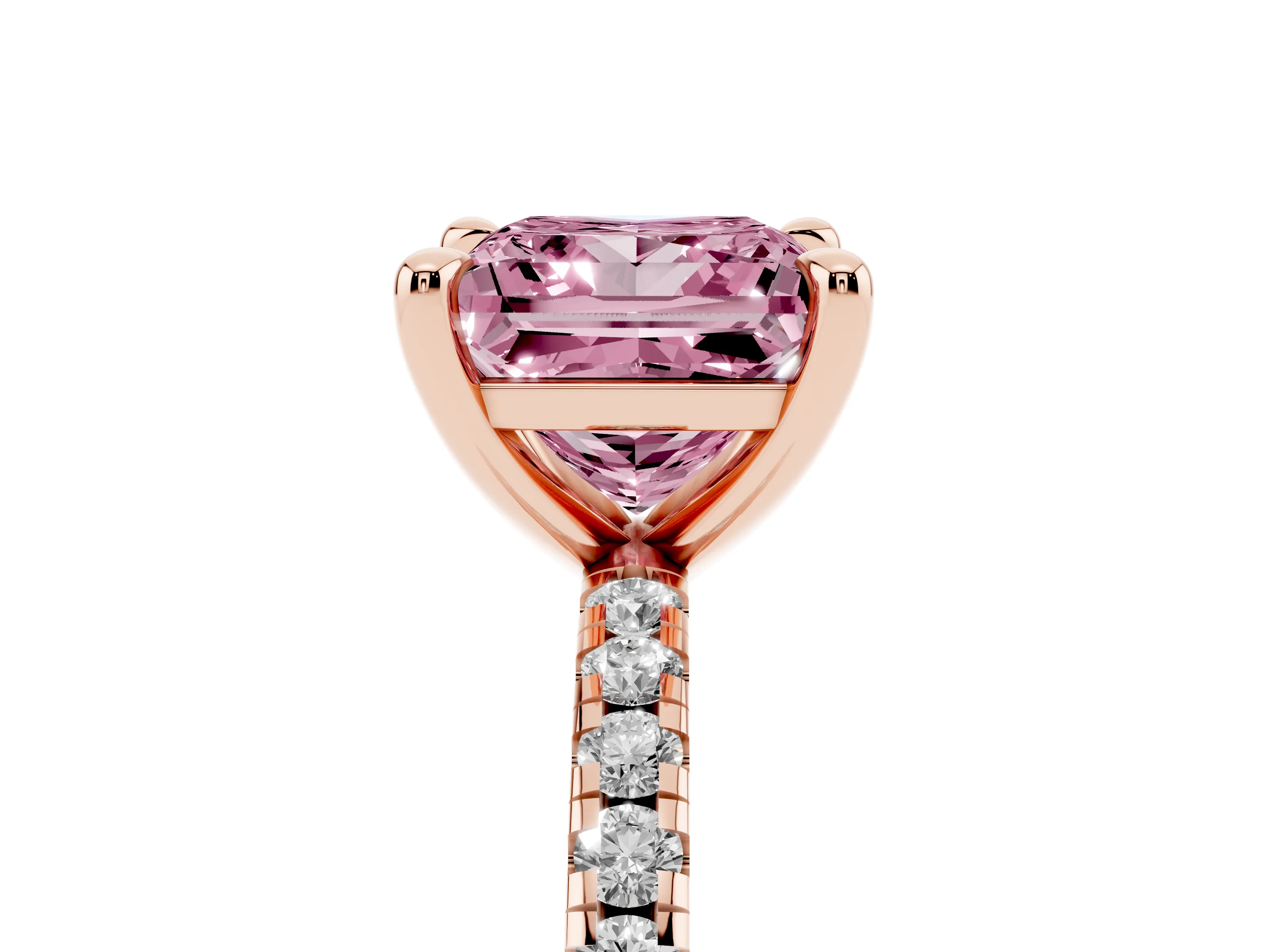 Fancy Pink Princess Cut Diamond Brilliant Solitaire Ring Set in Rose gold with Pavé Band and Prong Setting