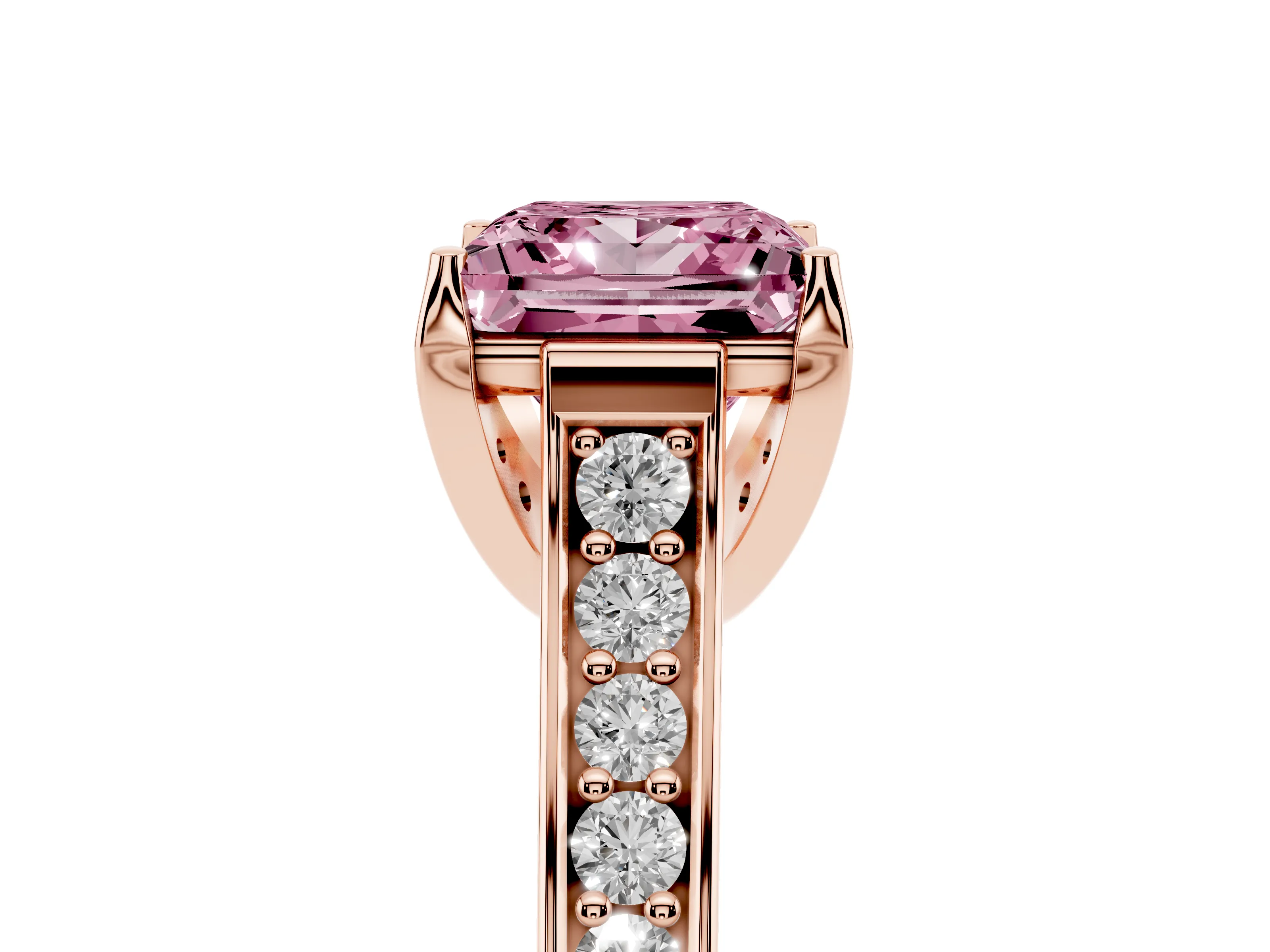 Fancy Pink Princess Cut Diamond Solitaire Pavé Engagement Ring Set in Rose gold with Prong Setting