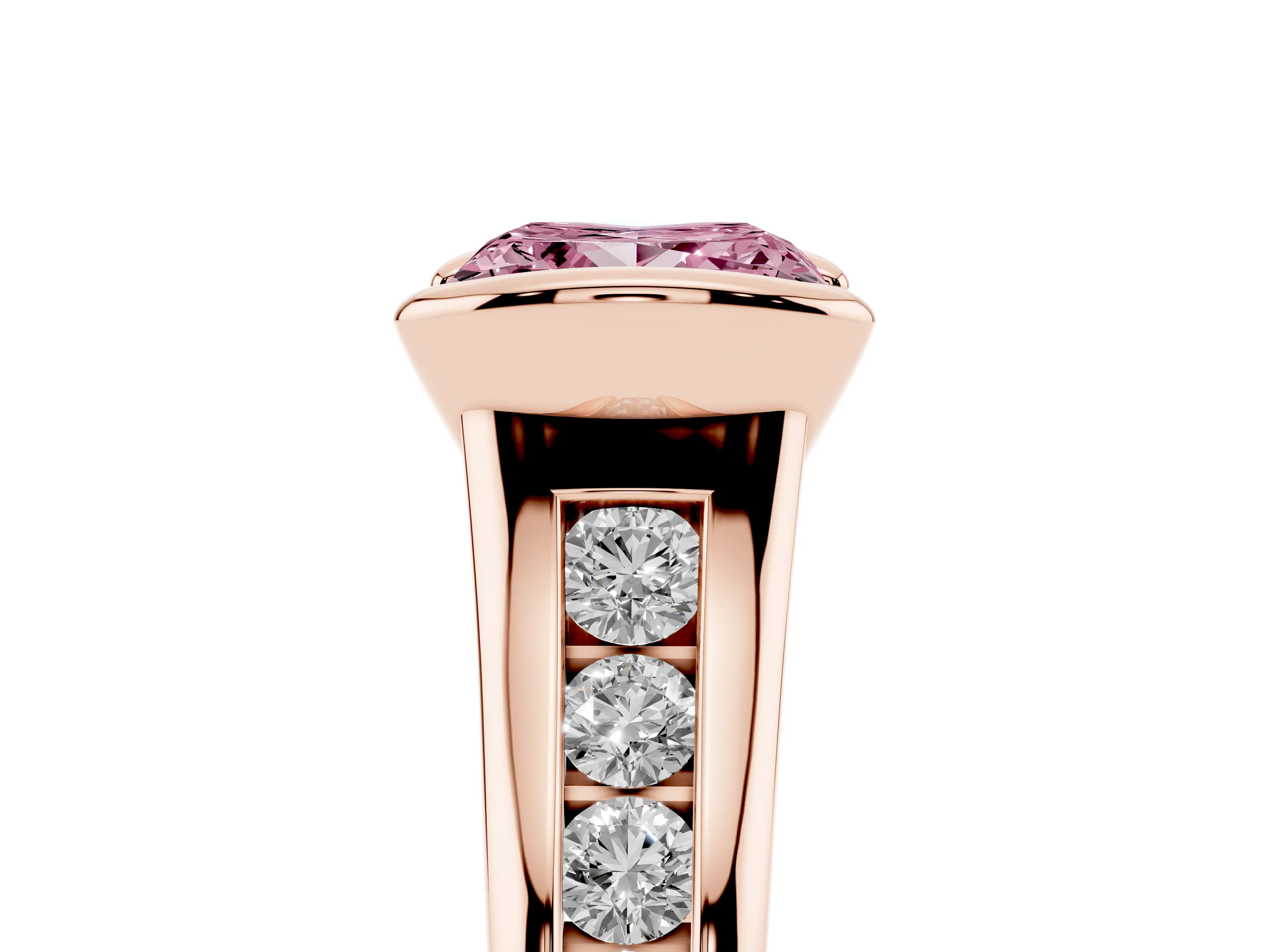 Fancy Pink Princess Cut Diamond Bezel-Set Solitaire Ring Set in Rose gold with Channel-Set Band