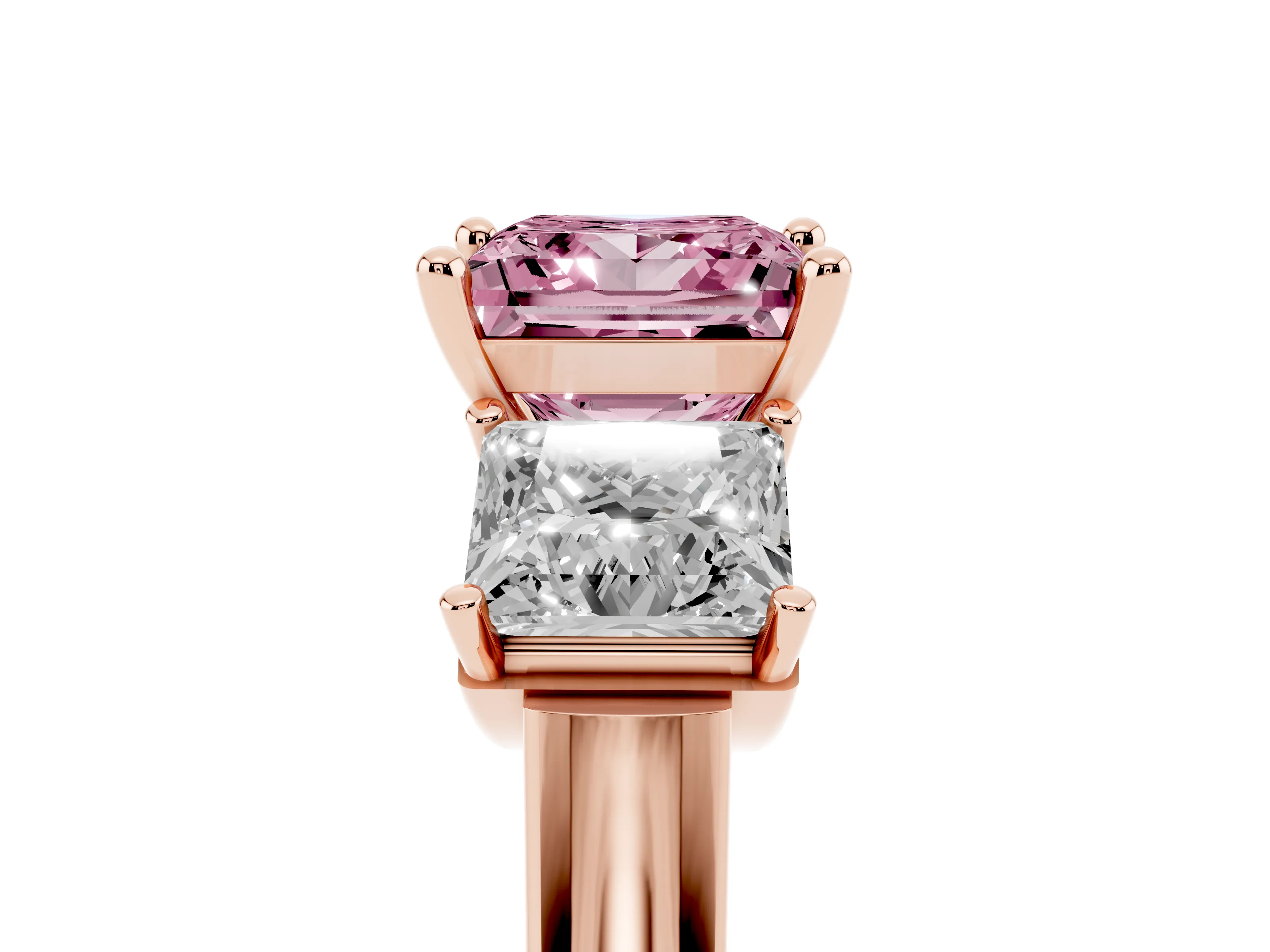Fancy Pink Princess Cut Diamond Three-Stone Trellis Ring Set in Rose gold with Comfort Fit Band