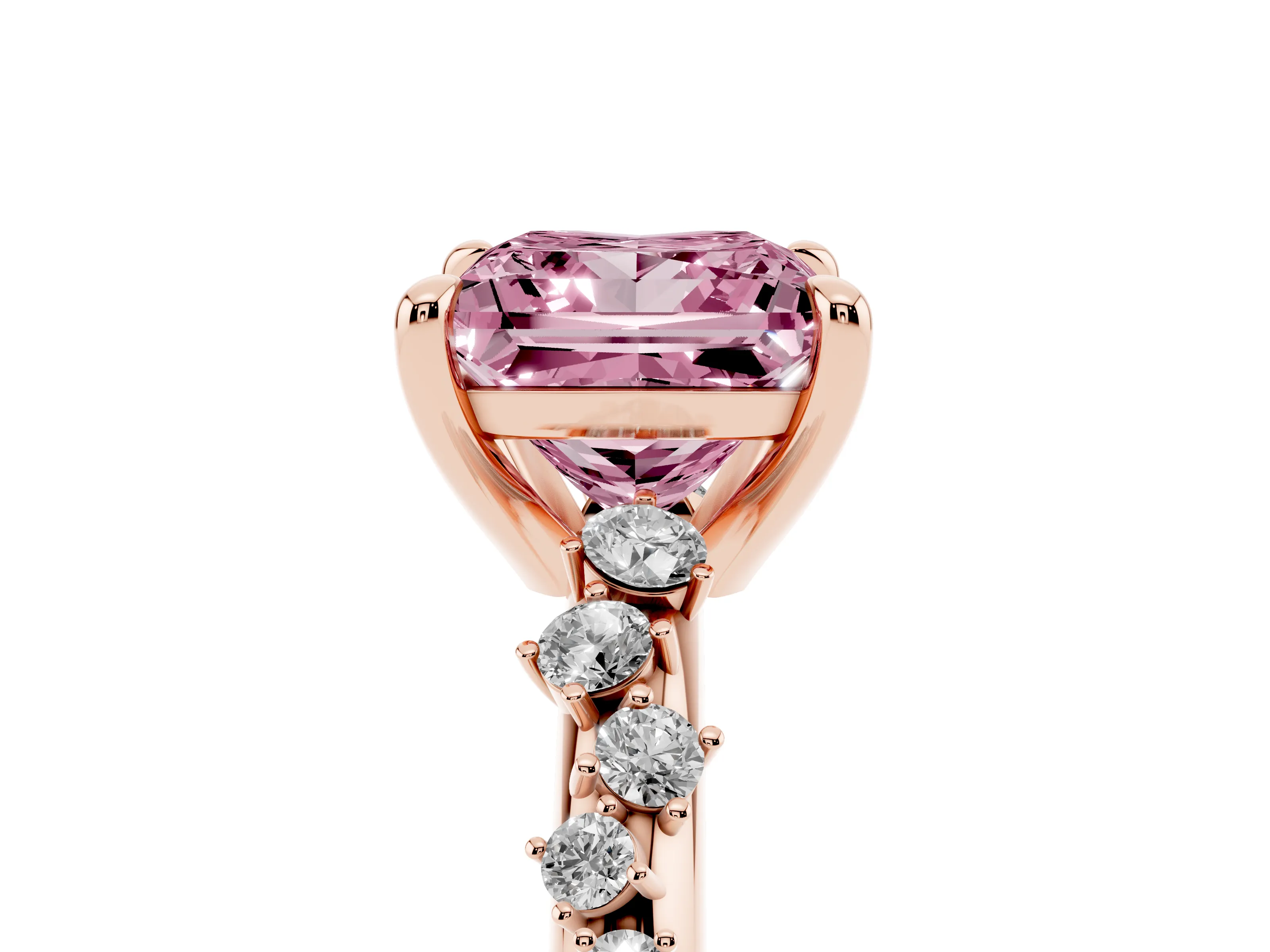 Fancy Pink Princess Cut Diamond Solitaire Vine Band Ring Set in Rose gold with Round Accents and Prong Setting