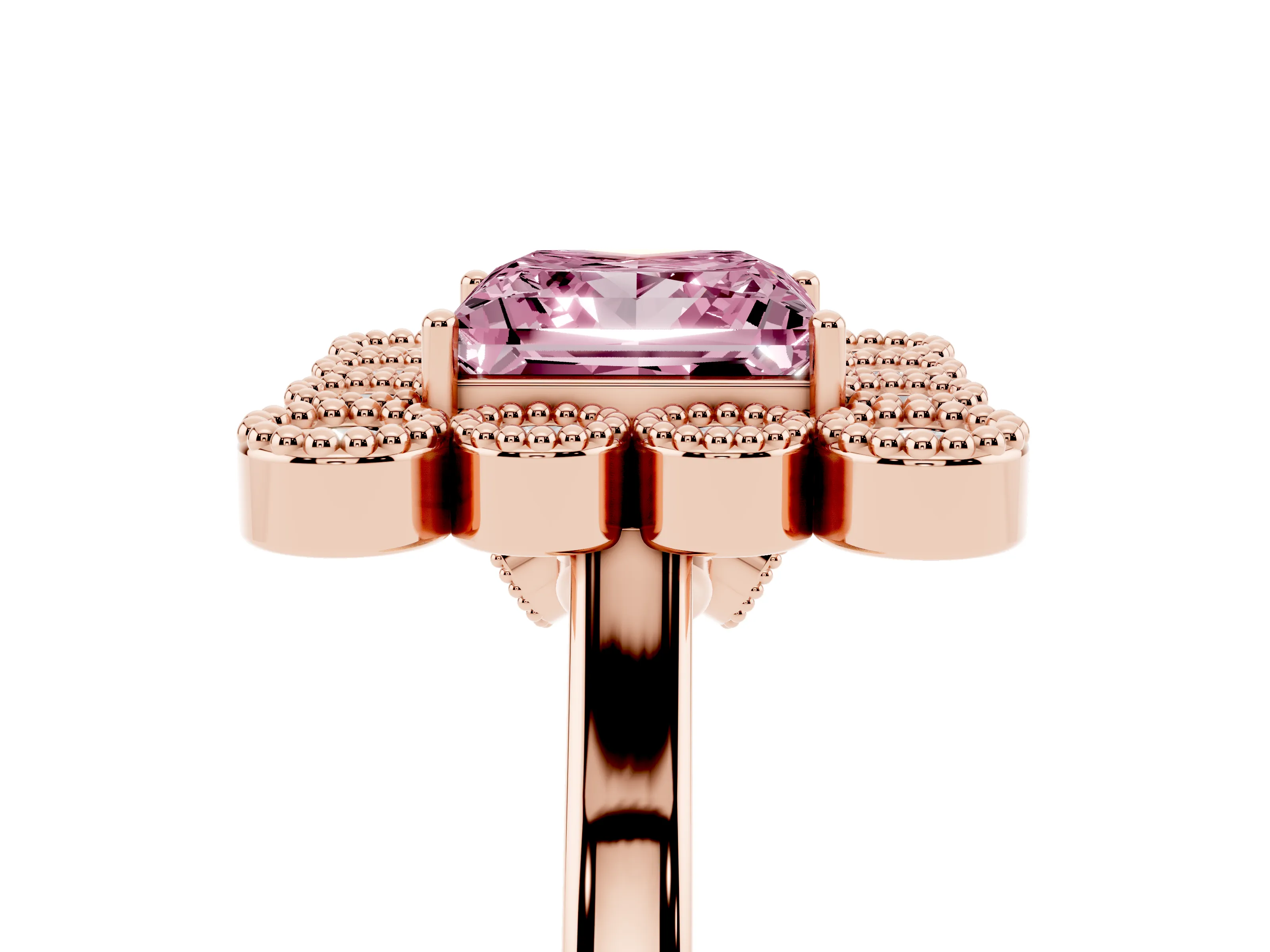Fancy Pink Princess Cut Diamond Cluster Halo Ring Set in Rose gold with Milgrain Bezel Accents and Plain Band