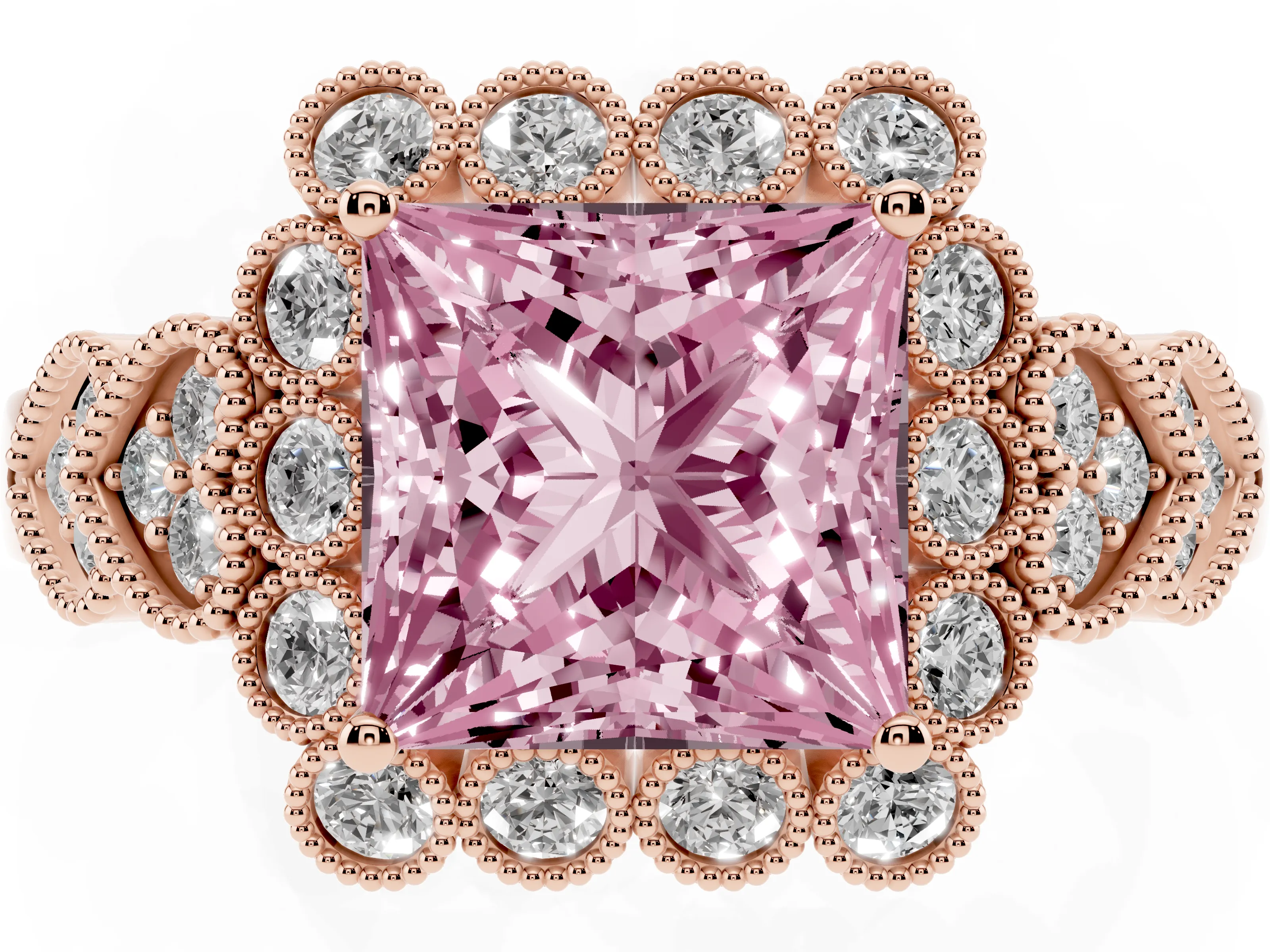 Fancy Pink Princess Cut Diamond Solitaire Ring Set in Rose gold with Milgrain Pavé Heart Band