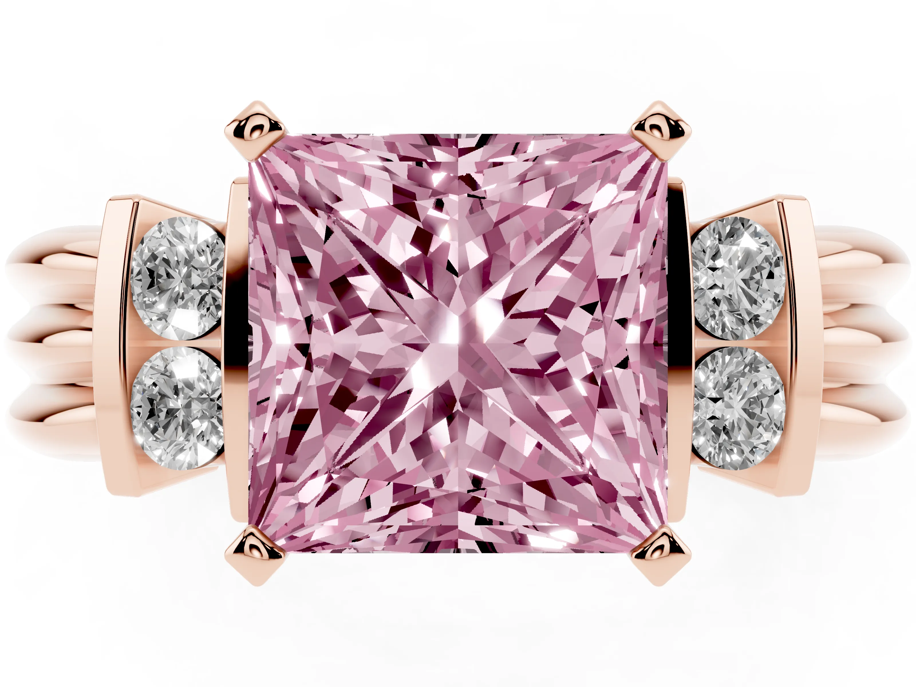 Fancy Pink Three-Stone Princess Cut Diamond Channel Set Ring Set in Rose gold with Bar Prongs