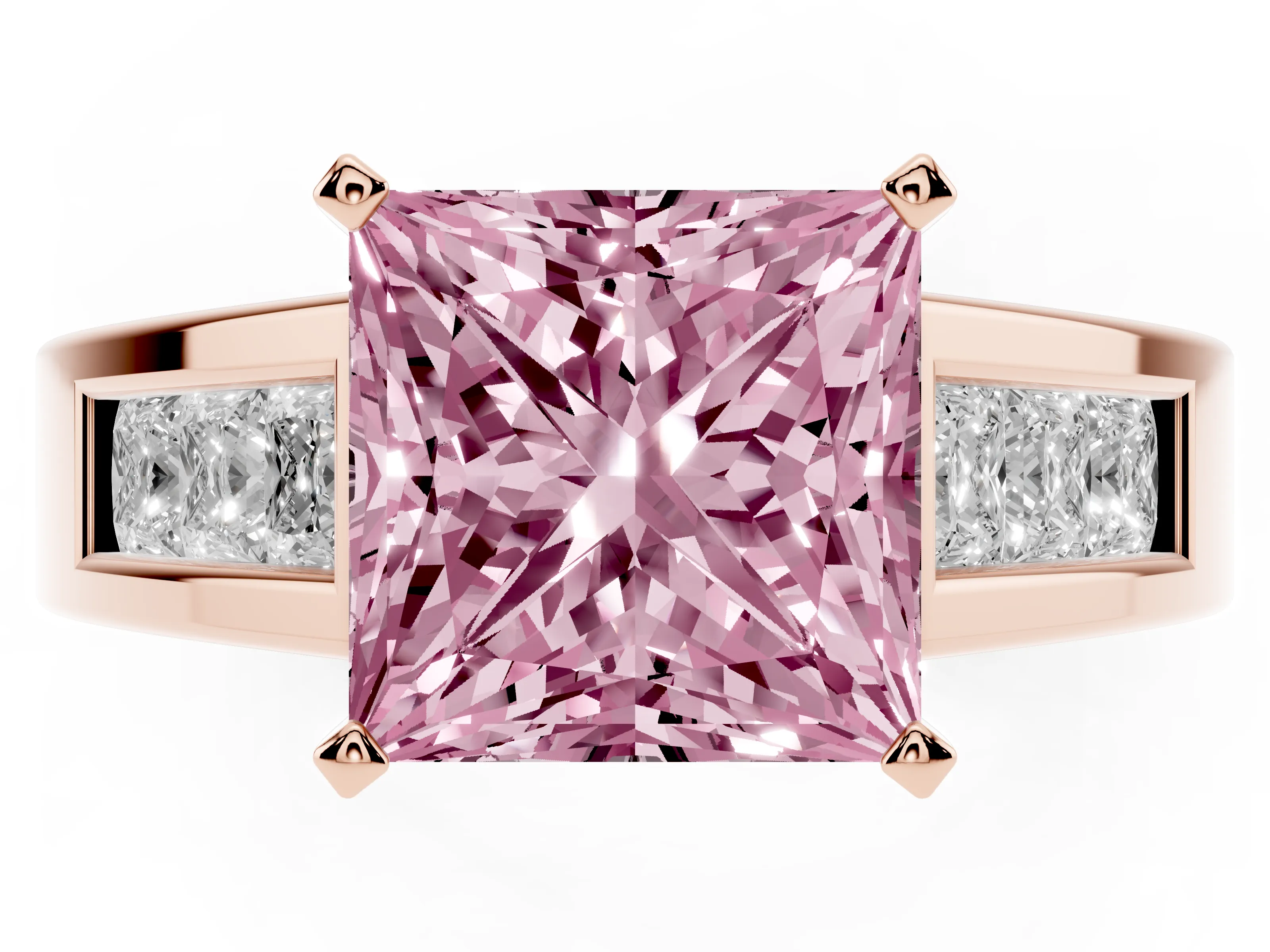 Fancy Pink Princess Cut Diamond Solitaire Ring Set in Rose gold with Channel-Set Accent Stones and Prong Setting