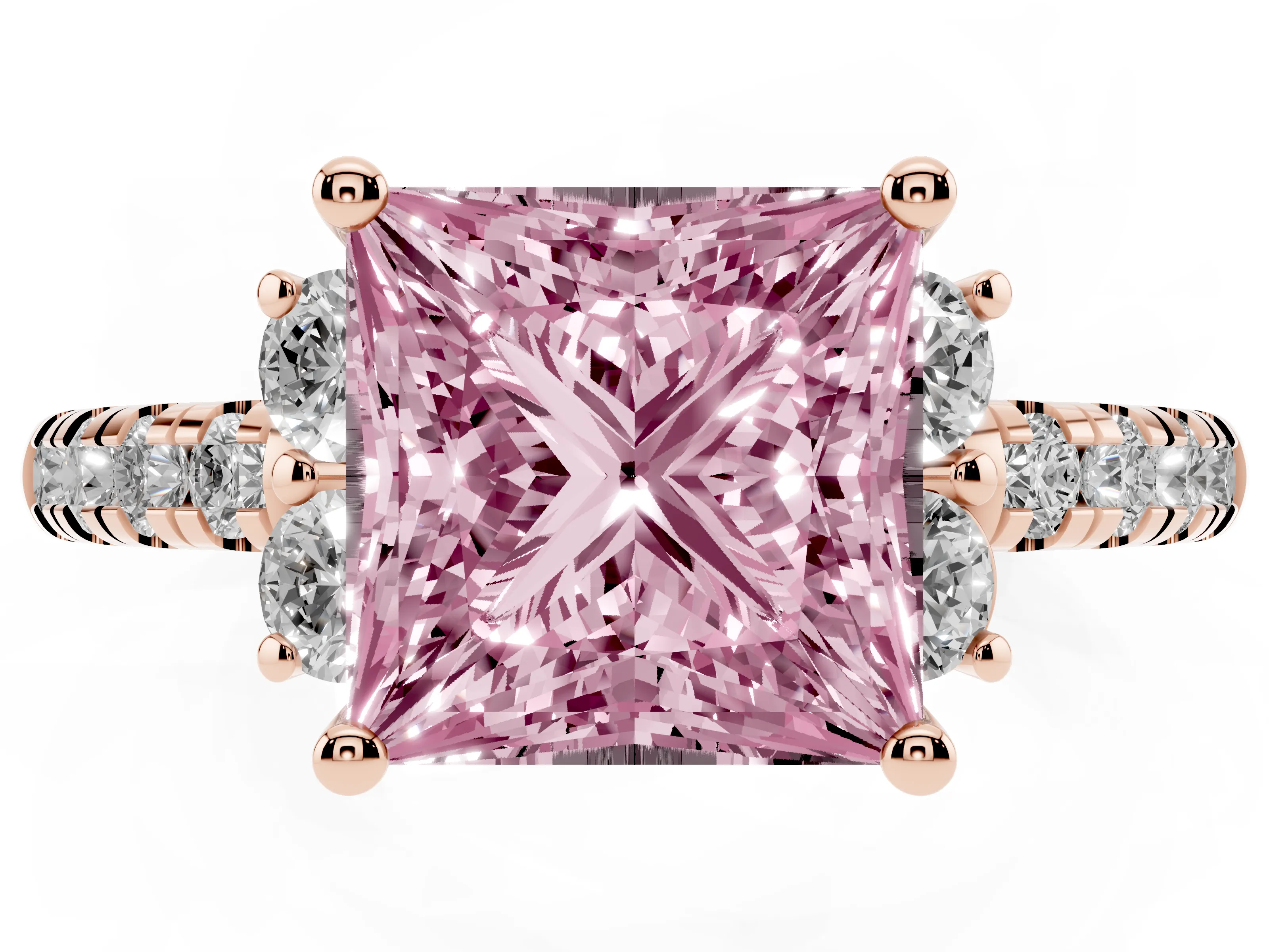 Fancy Pink Princess Cut Diamond Three-Stone Pavé Ring Set in Rose gold with Prong Setting