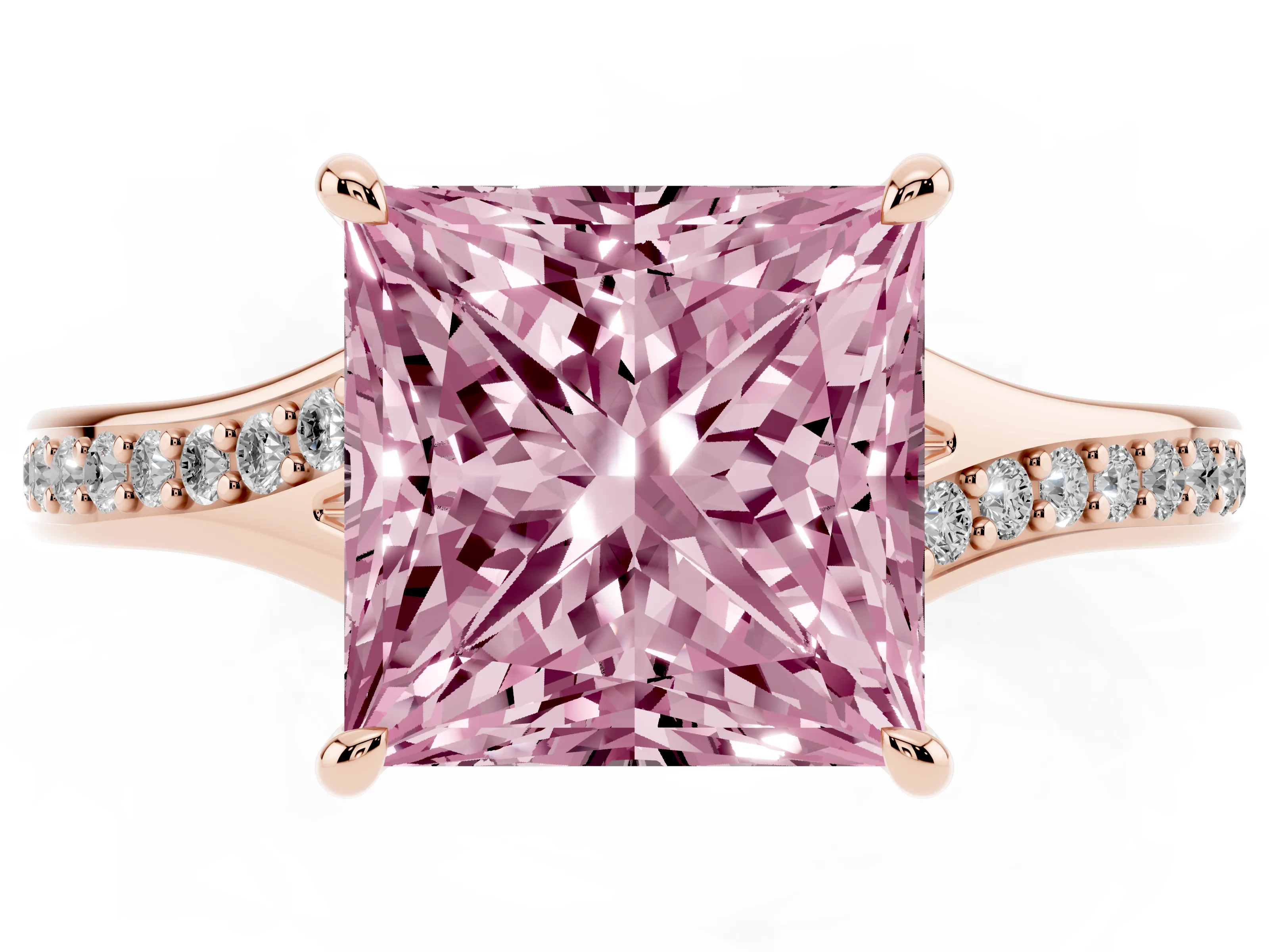 Fancy Pink Princess Cut Diamond Solitaire Ring Set in Rose gold with Pavé Accent Band and Classic Prong Setting