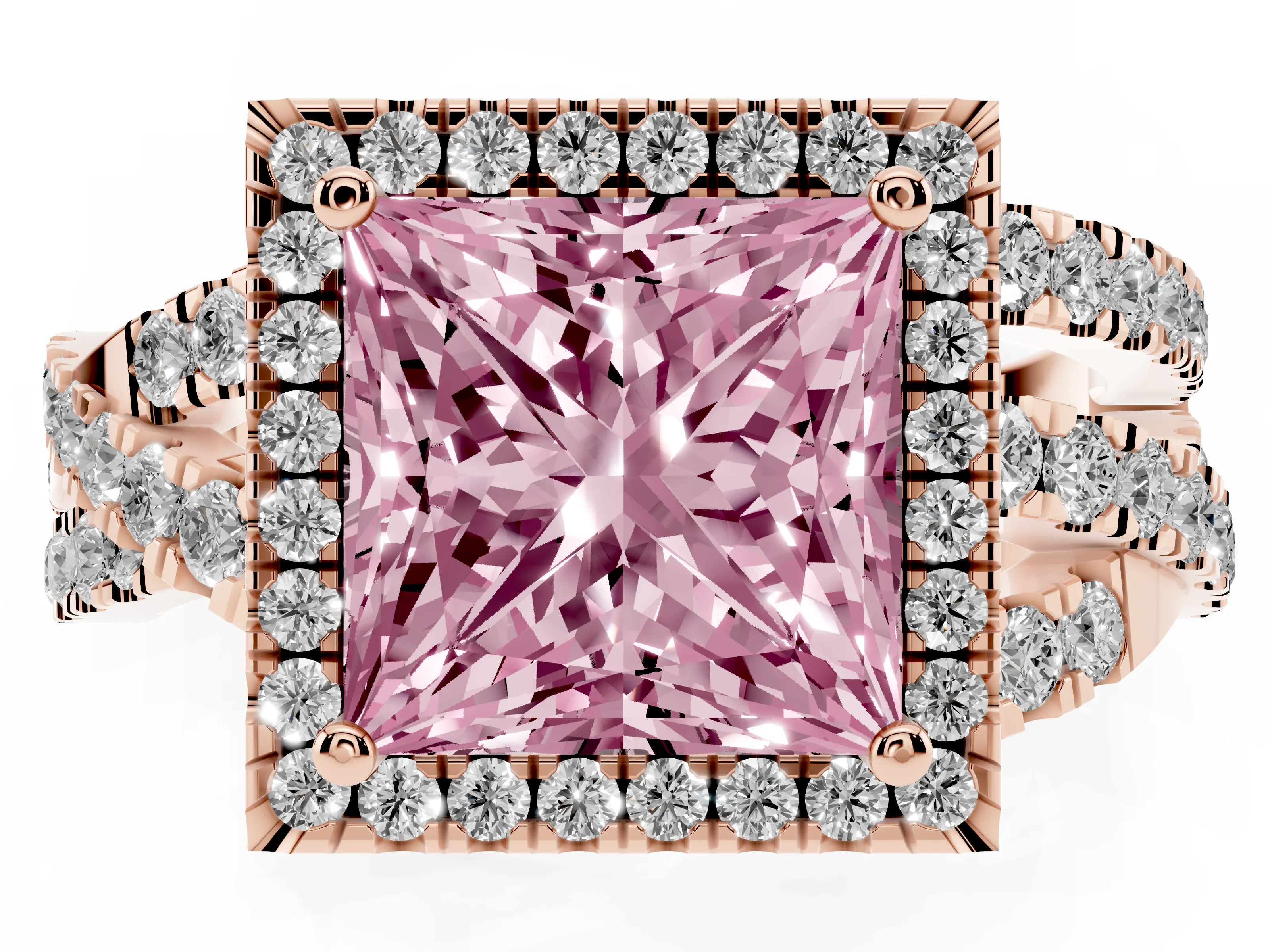 Fancy Pink Princess Cut Diamond Halo Ring Set in Rose gold with Round Crossover Split Shank and Prong Setting