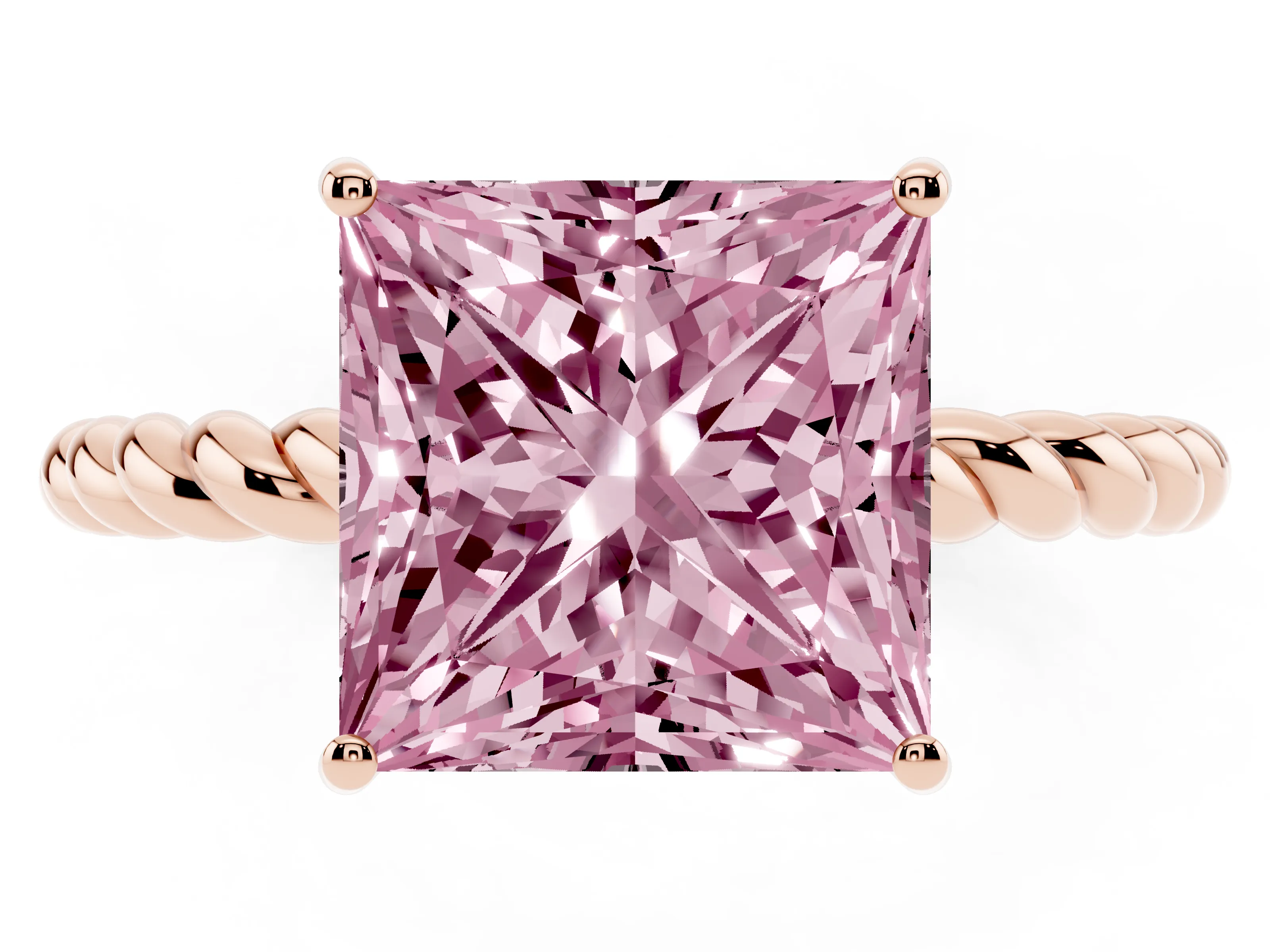 Fancy Pink Princess Cut Diamond Solitaire Ring Set in Rose gold with Twist Band and Prong Setting