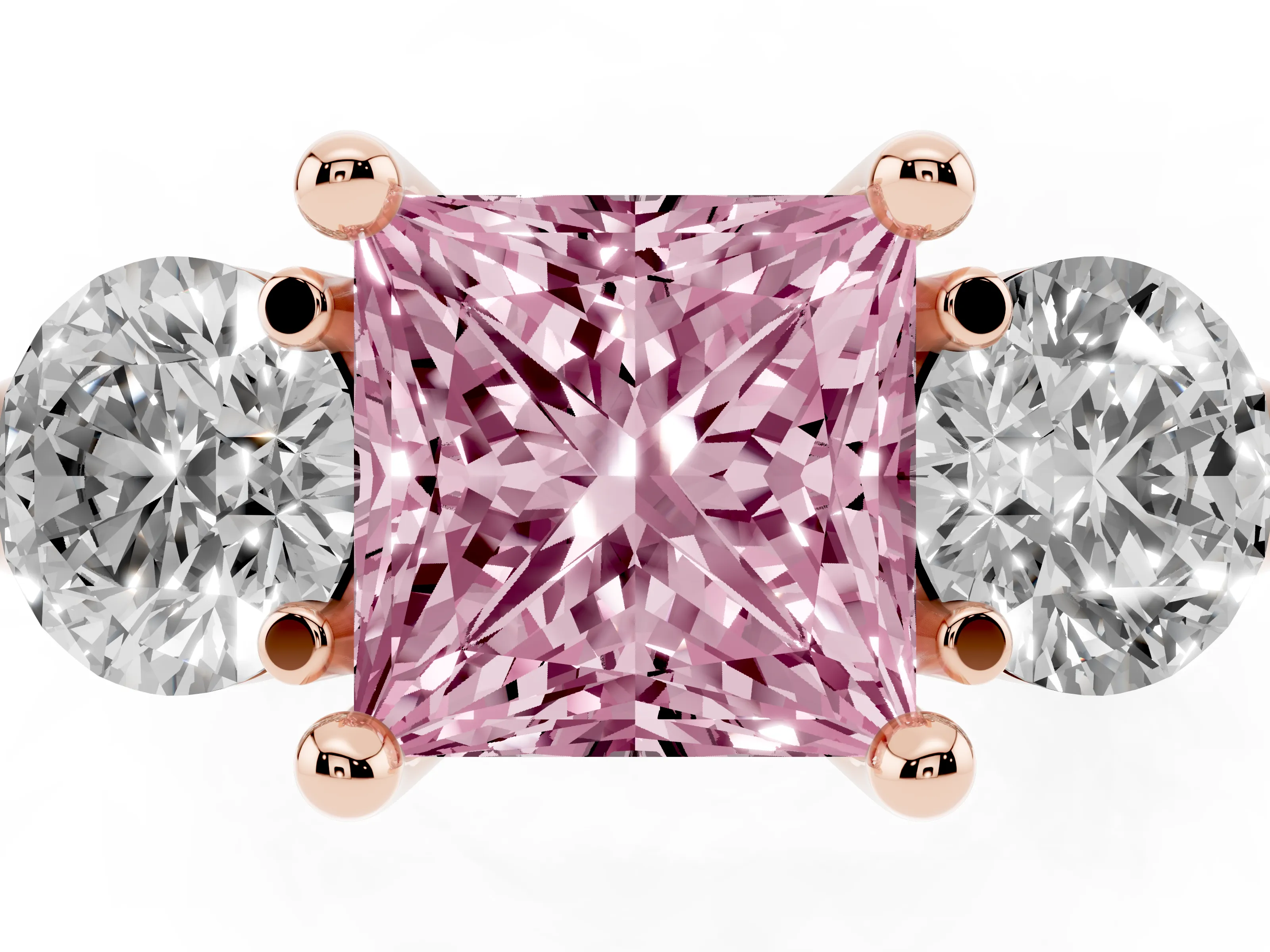 Fancy Pink Princess Cut Diamond Three-Stone Ring Set in Rose gold with Prong Setting and Classic Band