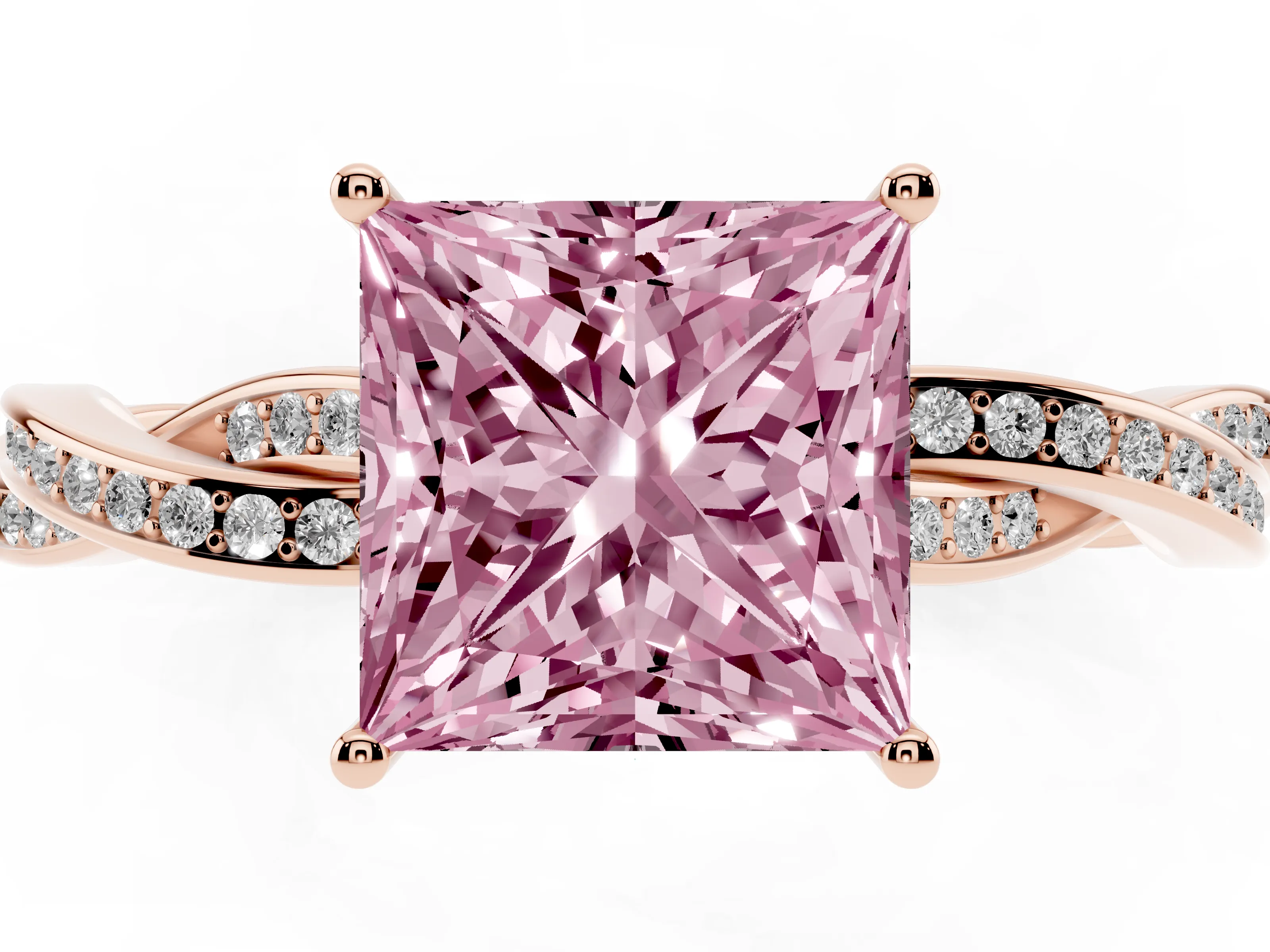 Fancy Pink Princess Cut Diamond Solitaire Twisted Pavé Ring Set in Rose gold with Prong Setting