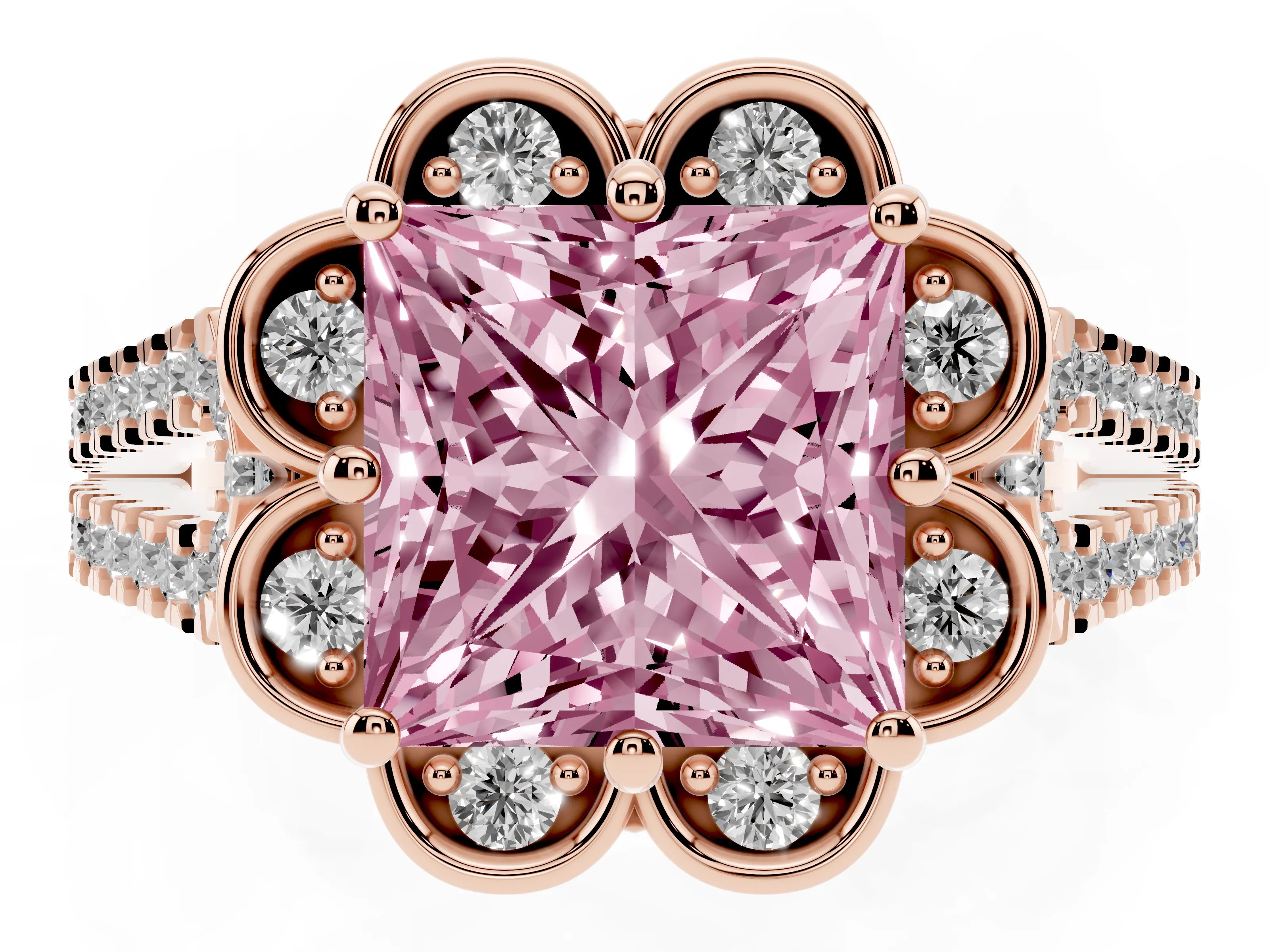 Fancy Pink Princess Cut Diamond Floral Halo Split Shank Engagement Ring Set in Rose gold with Pavé Shank