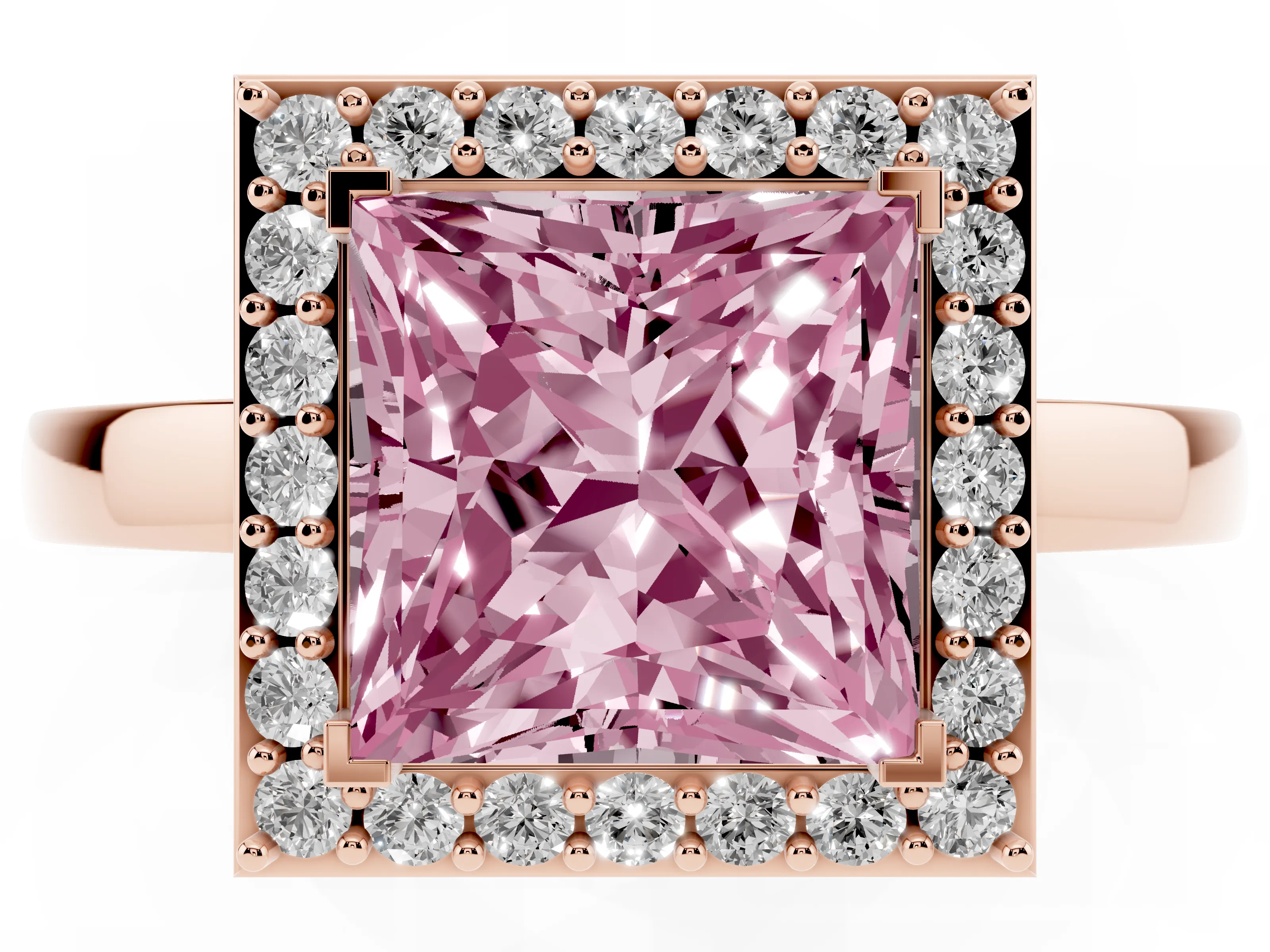 Fancy Pink Princess Cut Diamond Halo Ring Set in Rose gold with Solitaire Band and Prong Setting