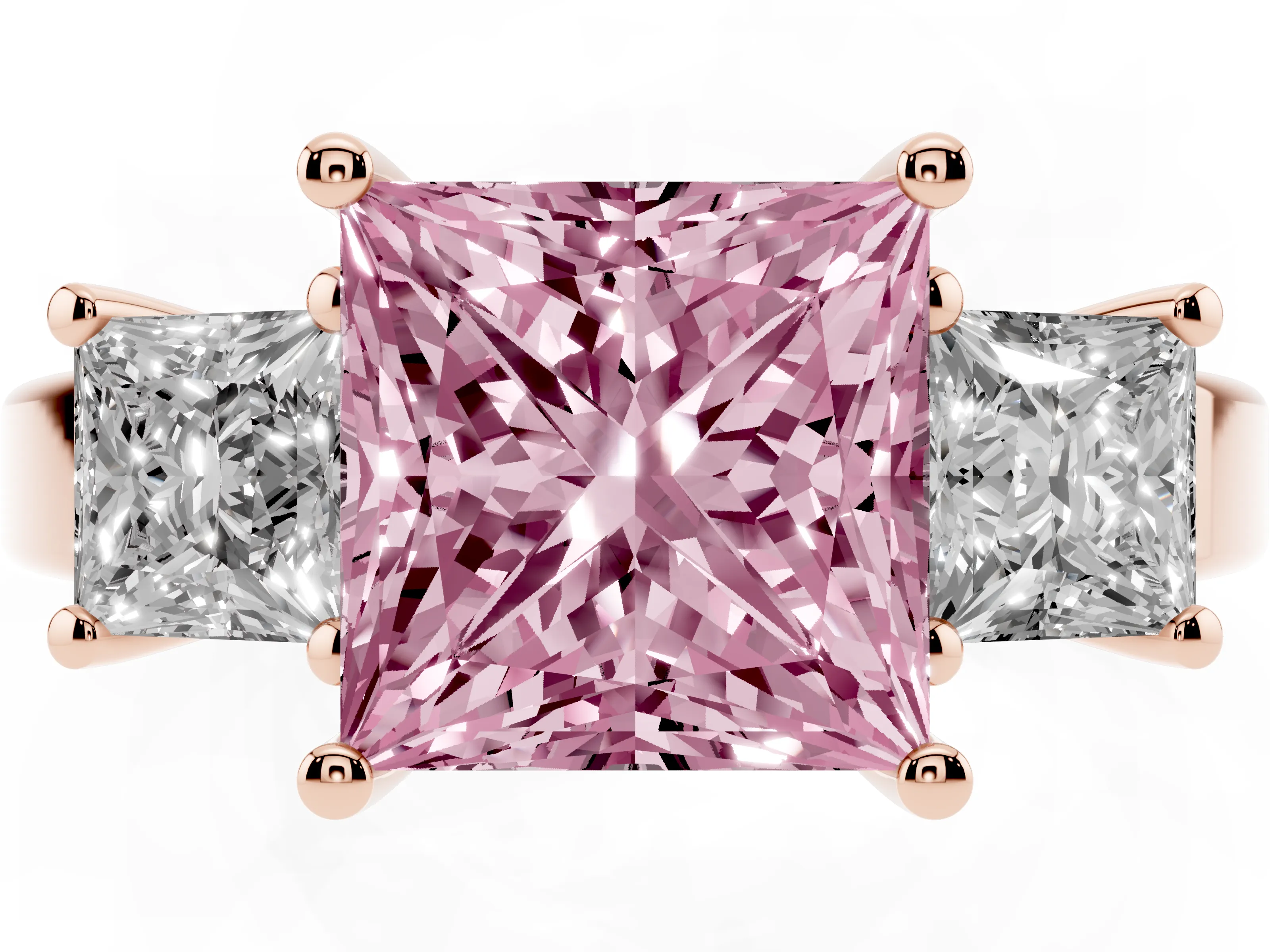 Fancy Pink Three-Stone Princess Cut Diamond Solitaire Ring Set in Rose gold with Prong Setting