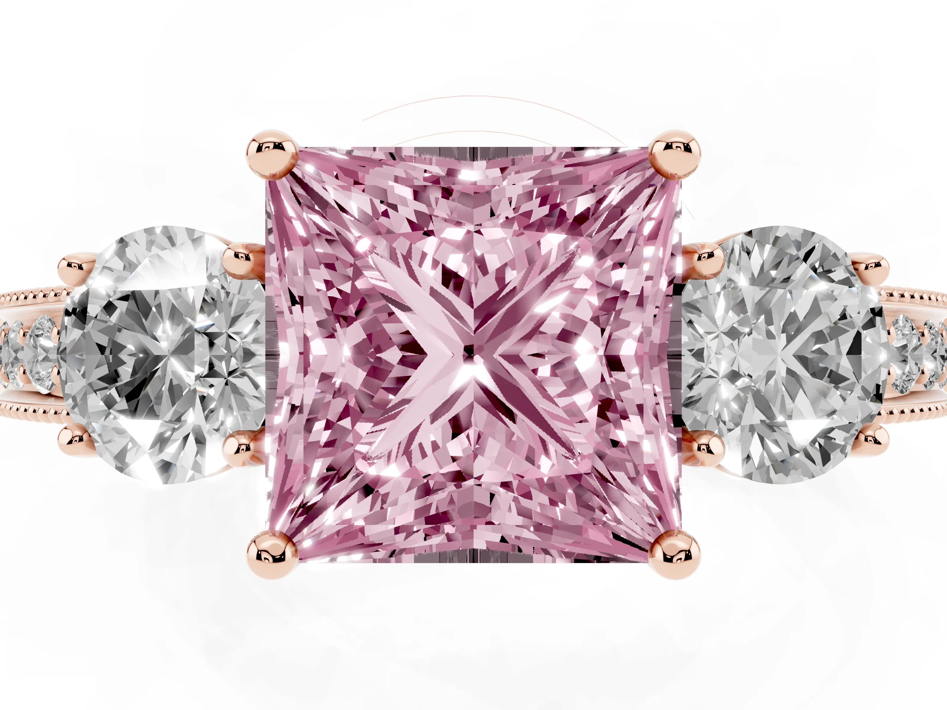 Fancy Pink Princess Cut Diamond Three-Stone Ring Set in Rose gold with Round Side Stones and Pavé Band