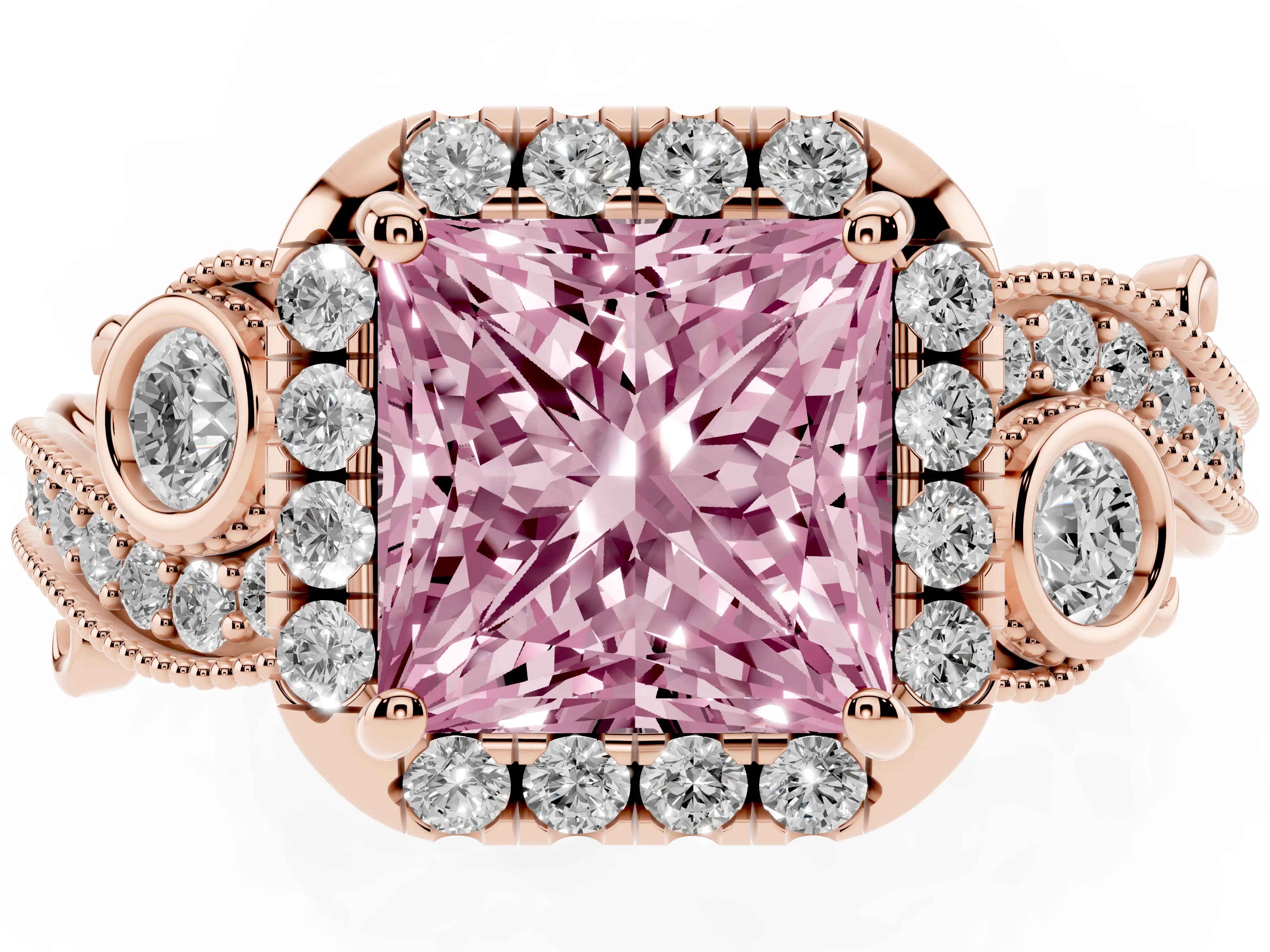 Fancy Pink Princess Cut Diamond Halo Split Shank Ring Set in Rose gold with Milgrain and Bezel Accents