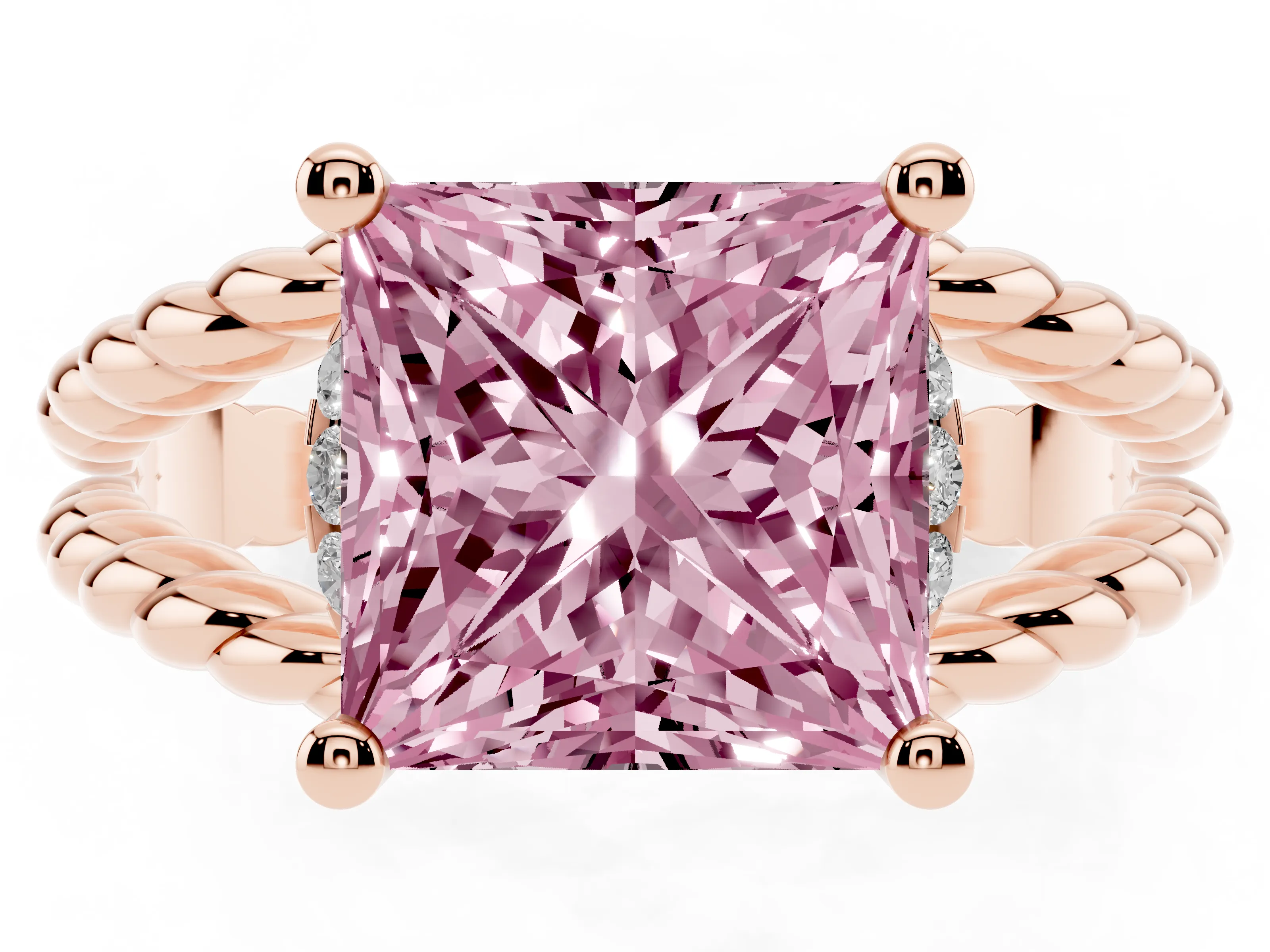 Fancy Pink Princess Cut Diamond Halo Ring Set in Rose gold with Twisted Band and Prong Setting