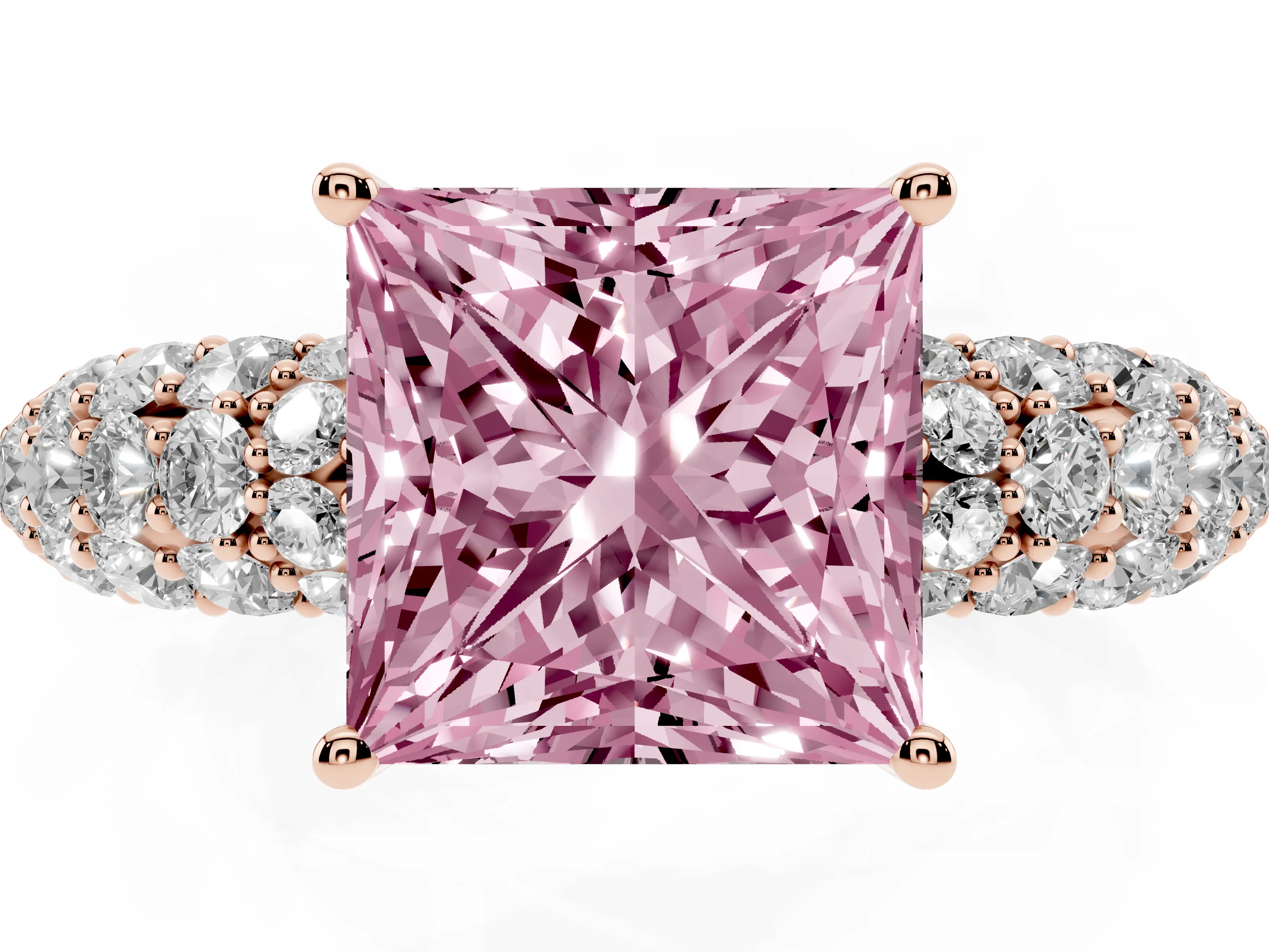 Fancy Pink Princess Cut Diamond Pavé Band Solitaire Ring Set in Rose gold with Close-Set Accent Stones and Prong Setting