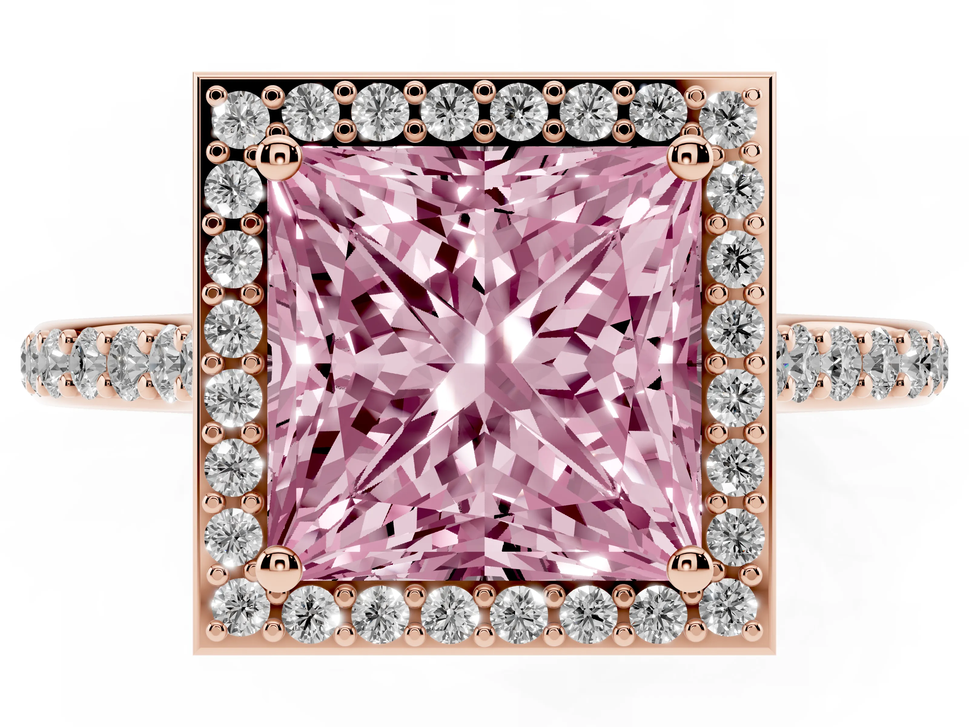 Fancy Pink Princess Cut Diamond Halo Engagement Ring Set in Rose gold with Round Pavé Shoulders and Heart Gallery
