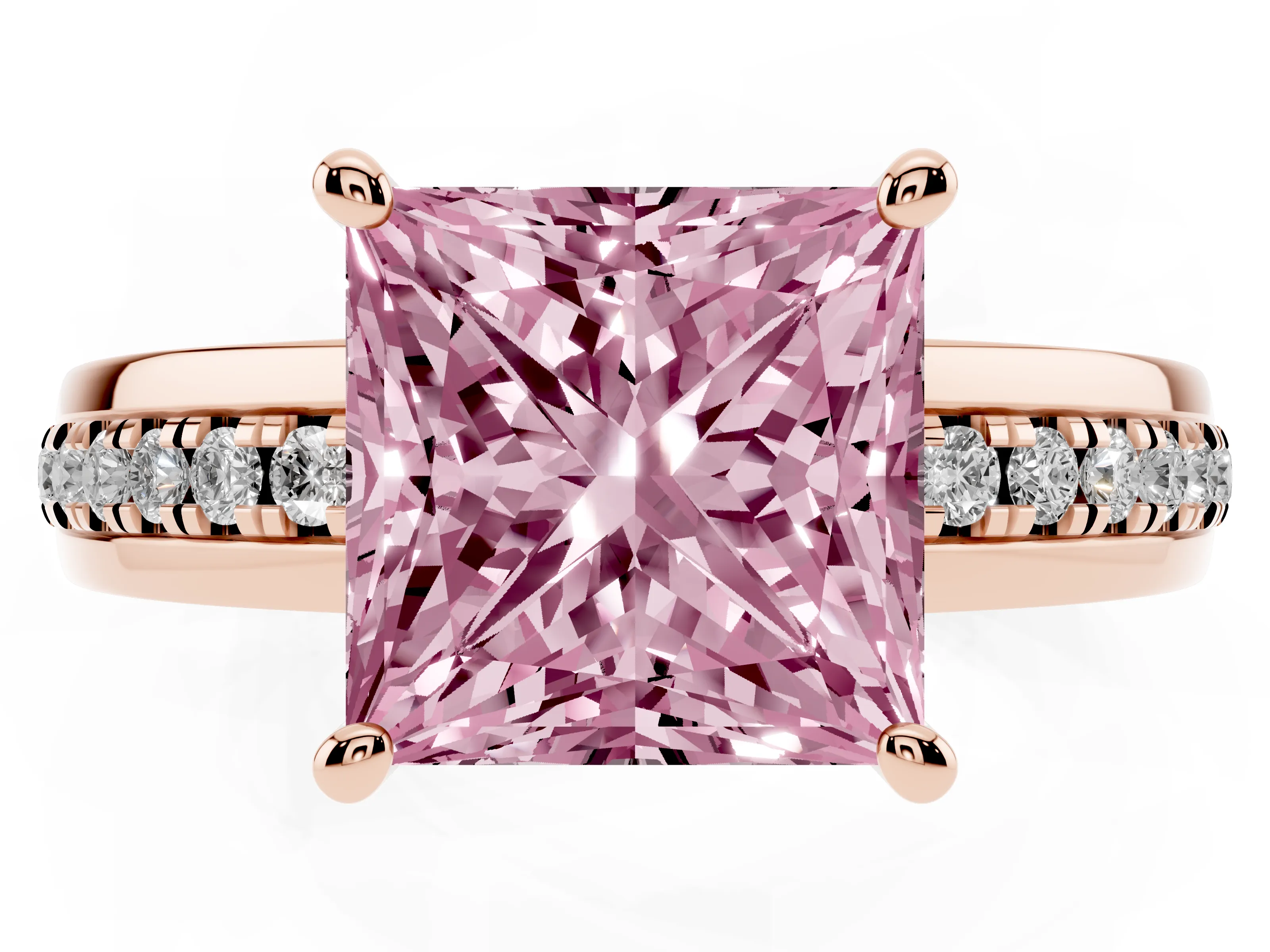 Fancy Pink Princess Cut Diamond Solitaire Ring Set in Rose gold with Channel Set Band and Prong Setting