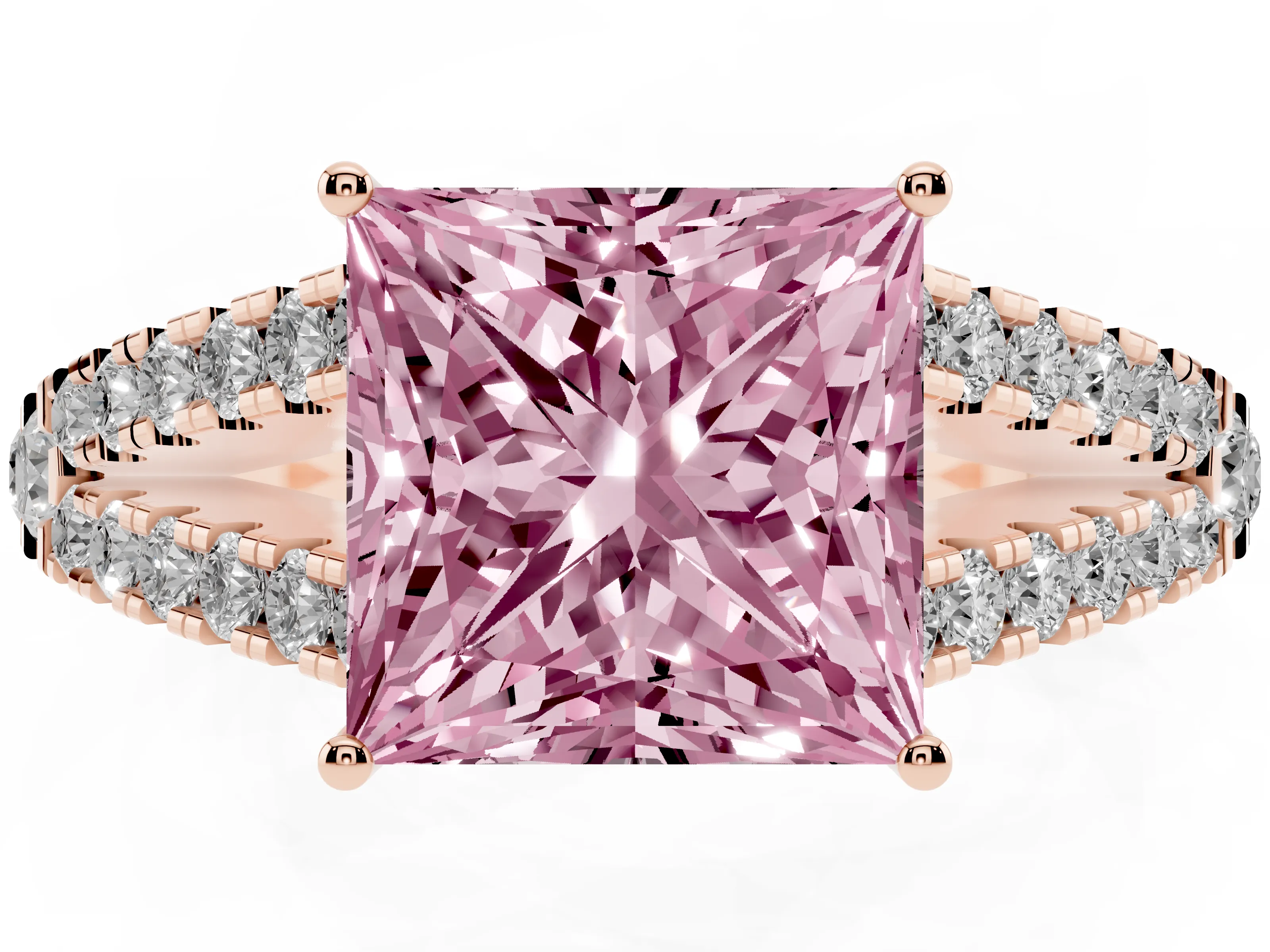 Fancy Pink Princess Cut Diamond Split Shank Pavé Engagement Ring Set in Rose gold with Prong-Held Center Stone