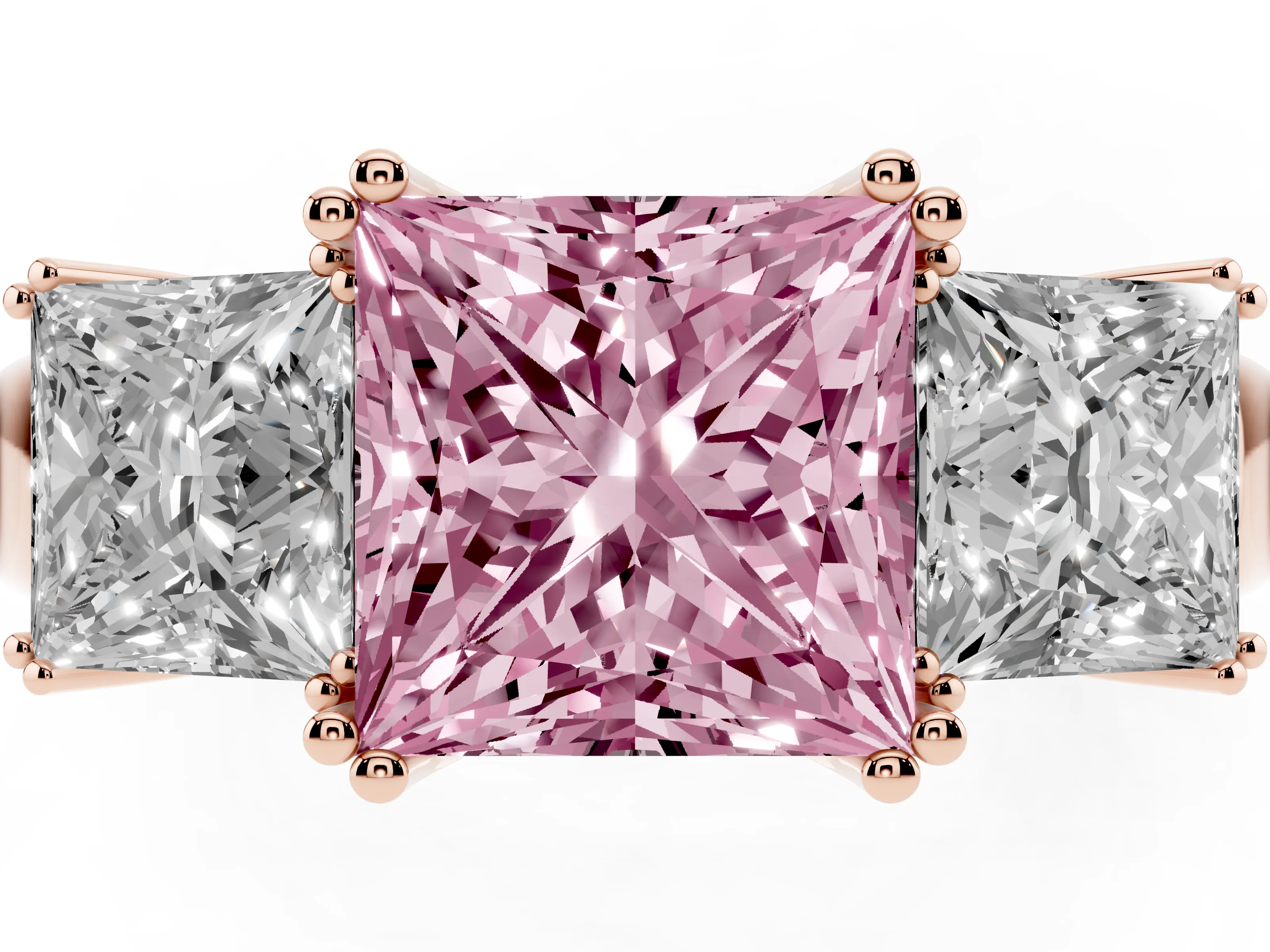 Fancy Pink Princess Cut Diamond Three-Stone Ring Set in Rose gold with Polished Channel-Set Band