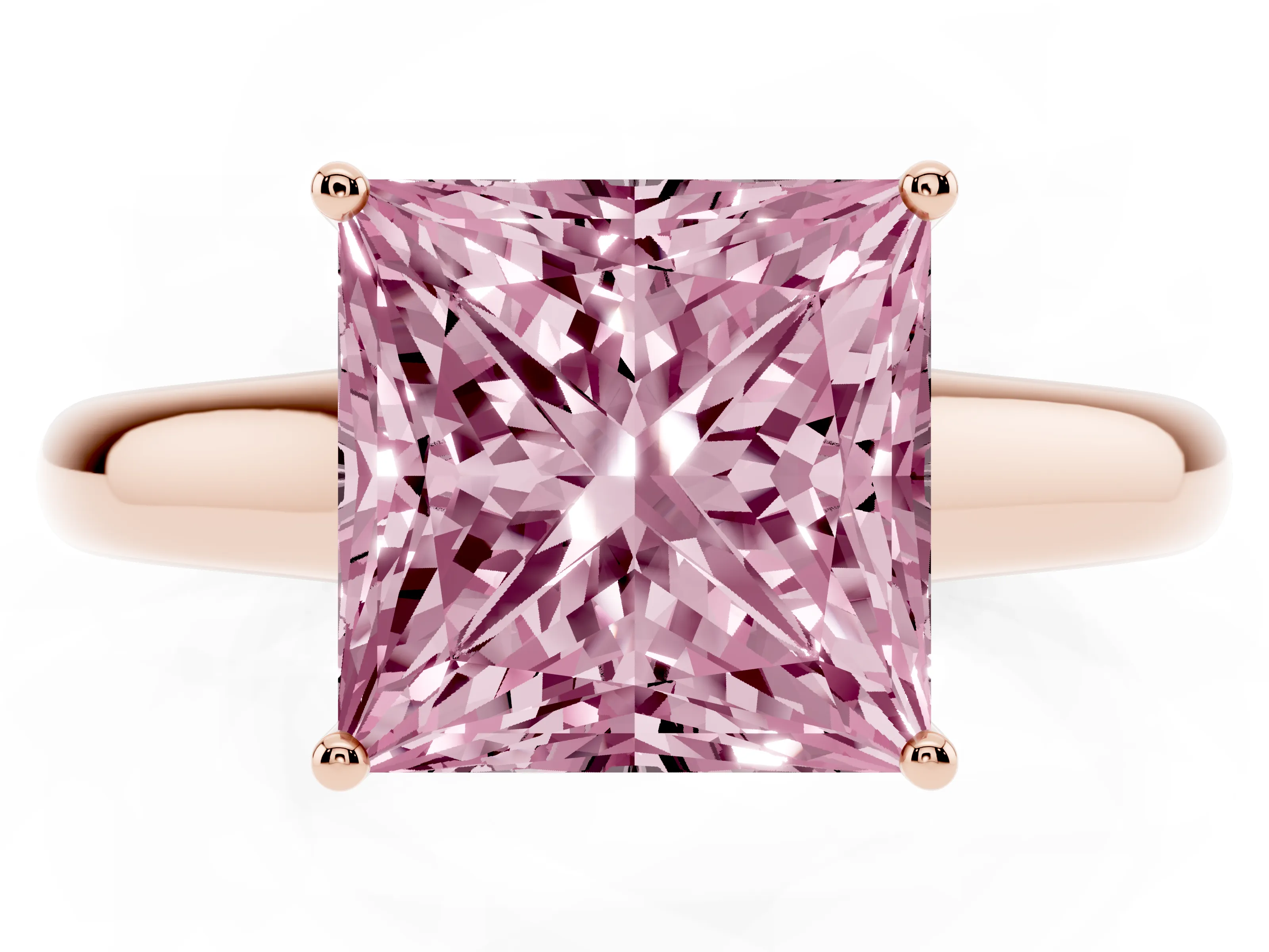 Fancy Pink Princess Cut Diamond Solitaire Engagement Ring Set in Rose gold with Subtly Tapered Band and Prong Setting