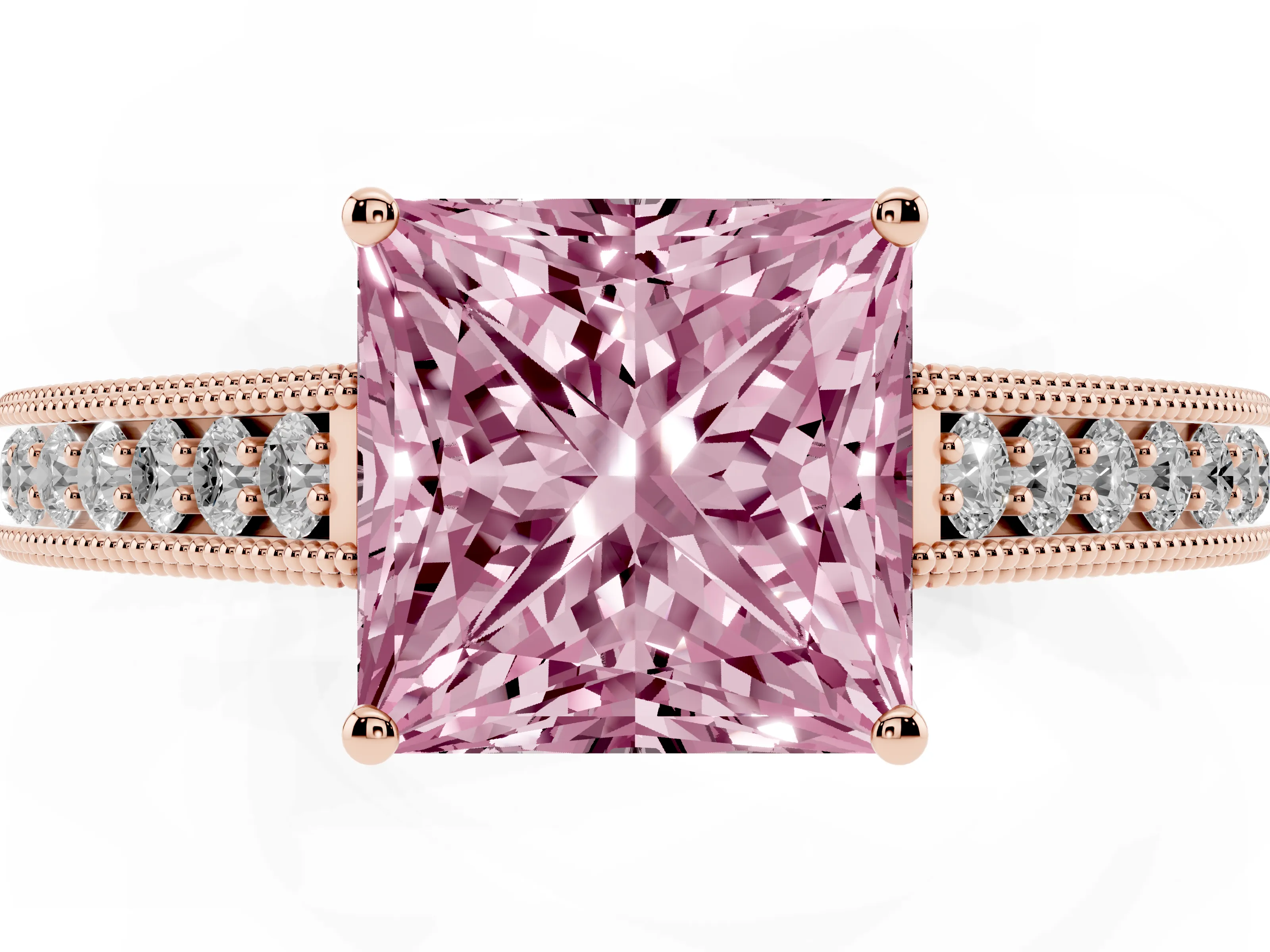 Fancy Pink Princess Cut Diamond Milgrain Pavé Band Solitaire Ring Set in Rose gold with Prong Setting