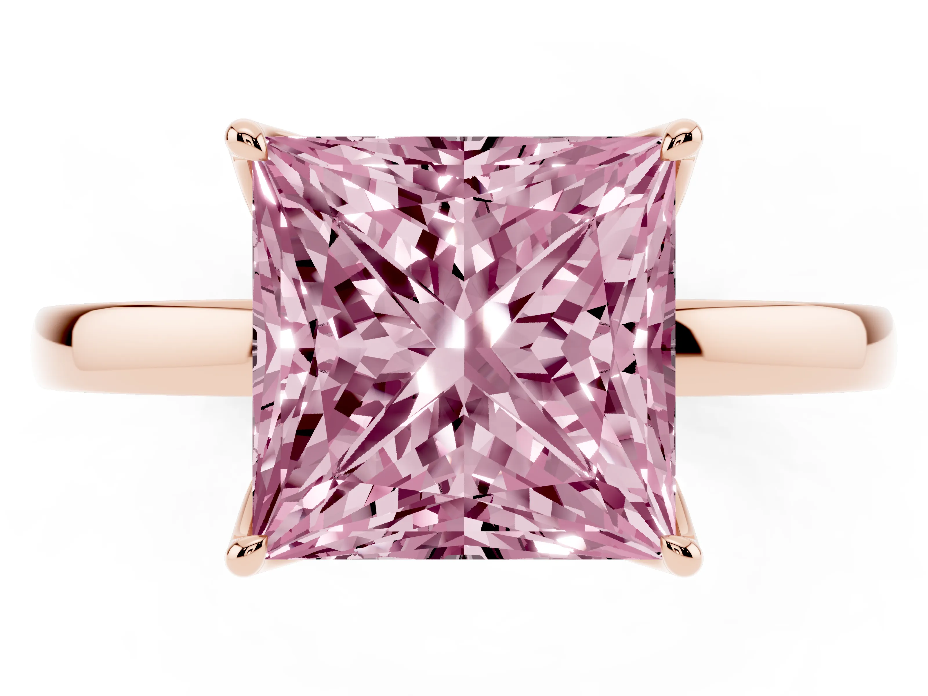 Fancy Pink Princess Cut Diamond Solitaire Ring Set in Rose gold with Prong Setting and Thin Polished Band
