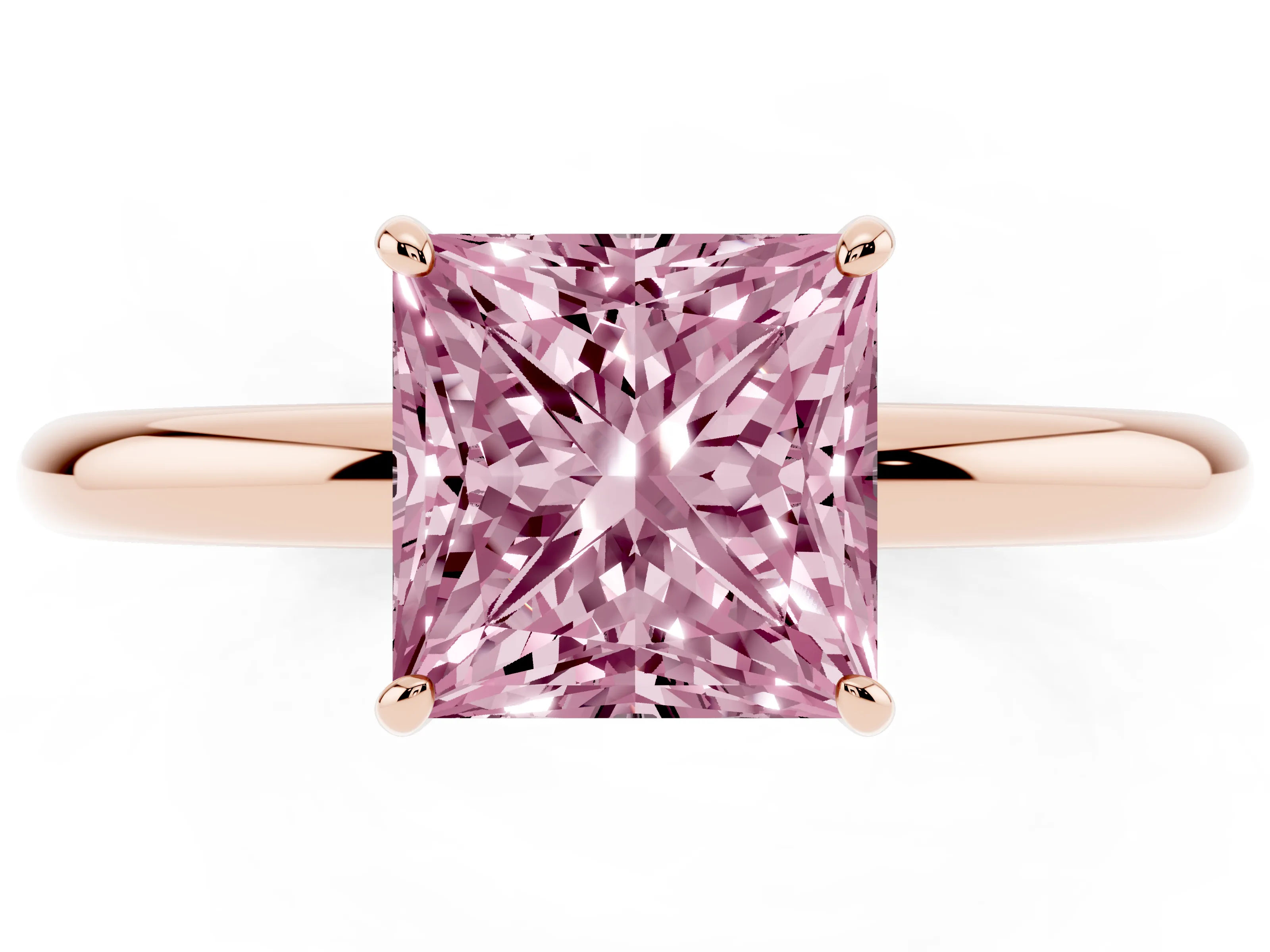 Fancy Pink Princess Cut Diamond Solitaire Ring Set in Rose gold with Prong Setting on a Polished Plain Band
