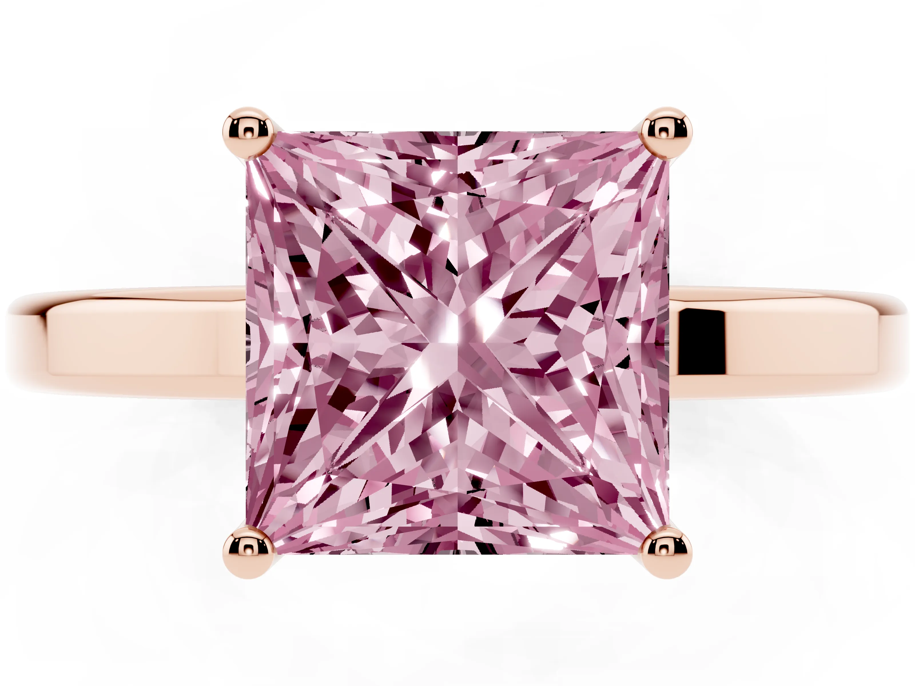 Fancy Pink Princess Cut Diamond Solitaire Engagement Ring Set in Rose gold with Prong Setting on a Plain Band