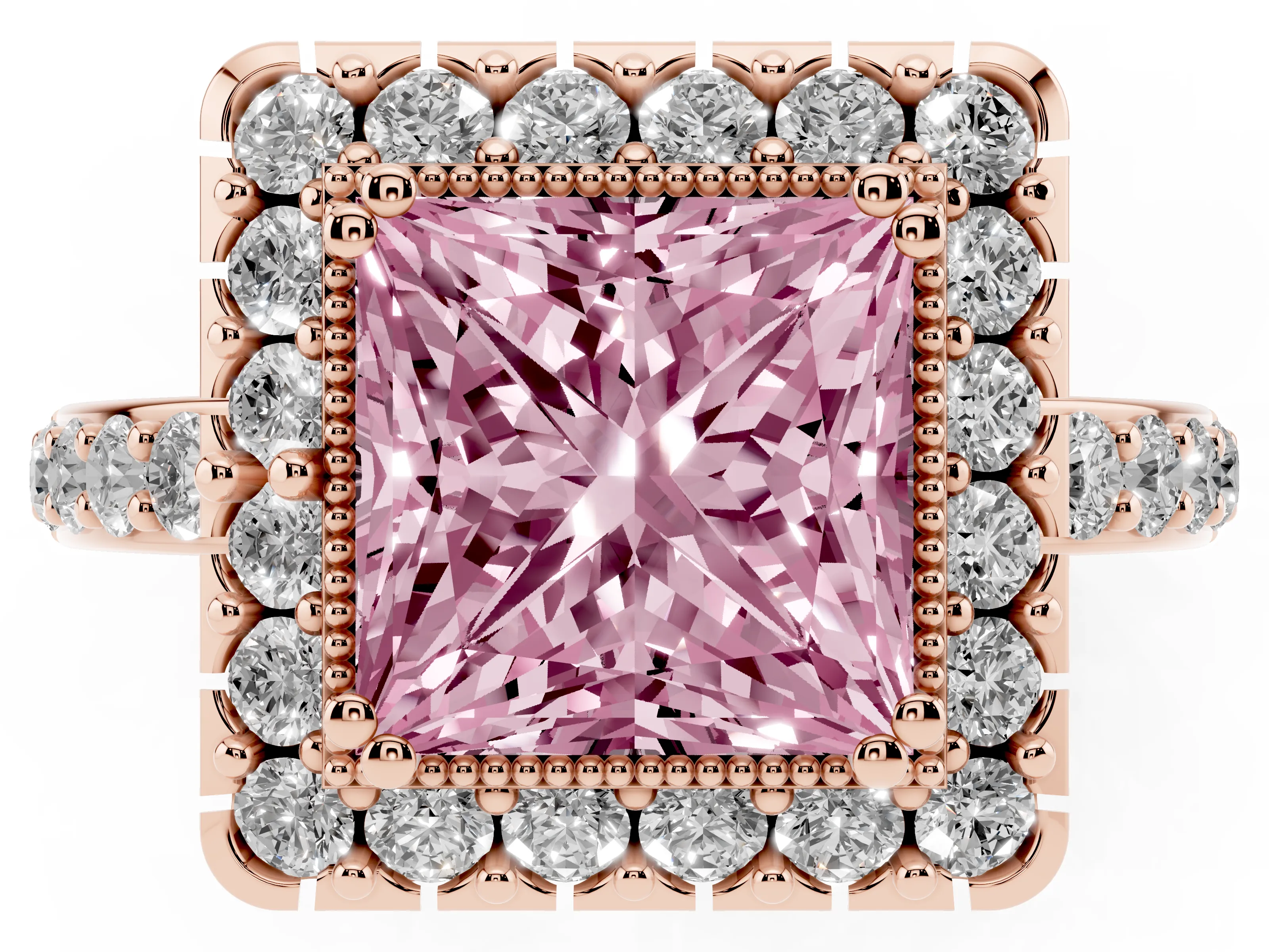 Fancy Pink Princess Cut Diamond Halo Ring Set in Rose gold with Pavé Shank and Prong Setting