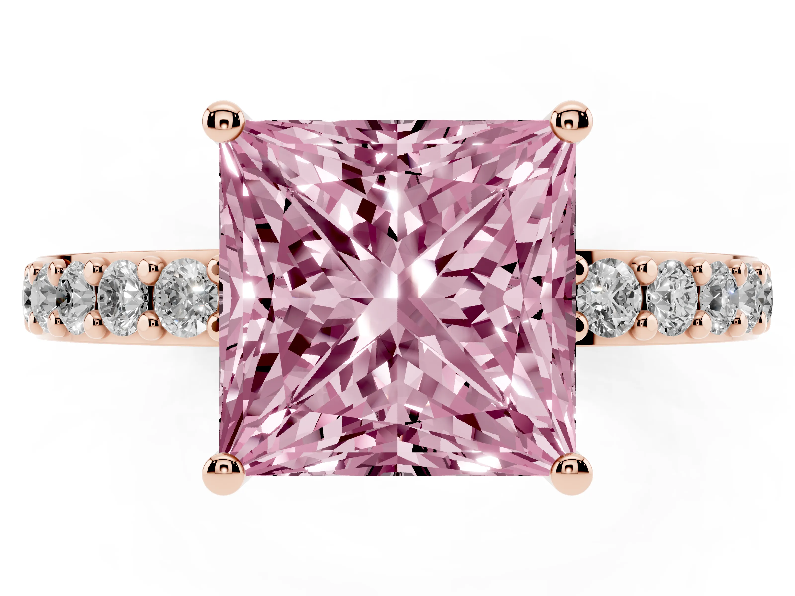 Fancy Pink Princess Cut Diamond Solitaire Set in Rose gold with Round Pavé Band and Prong Setting