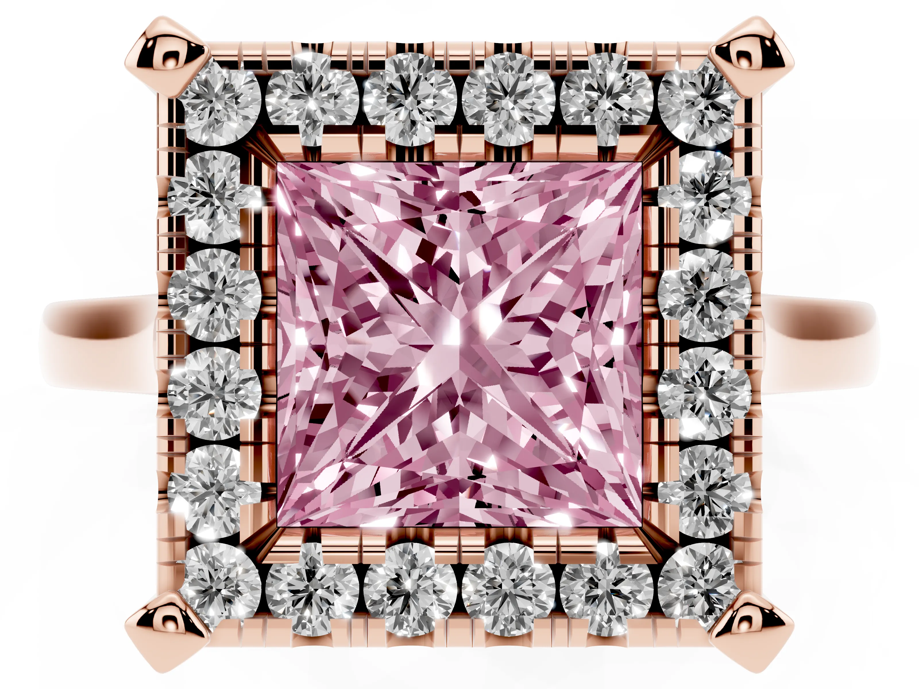 Fancy Pink Princess Cut Diamond Cluster Halo Solitaire Ring Set in Rose gold with Prong Setting
