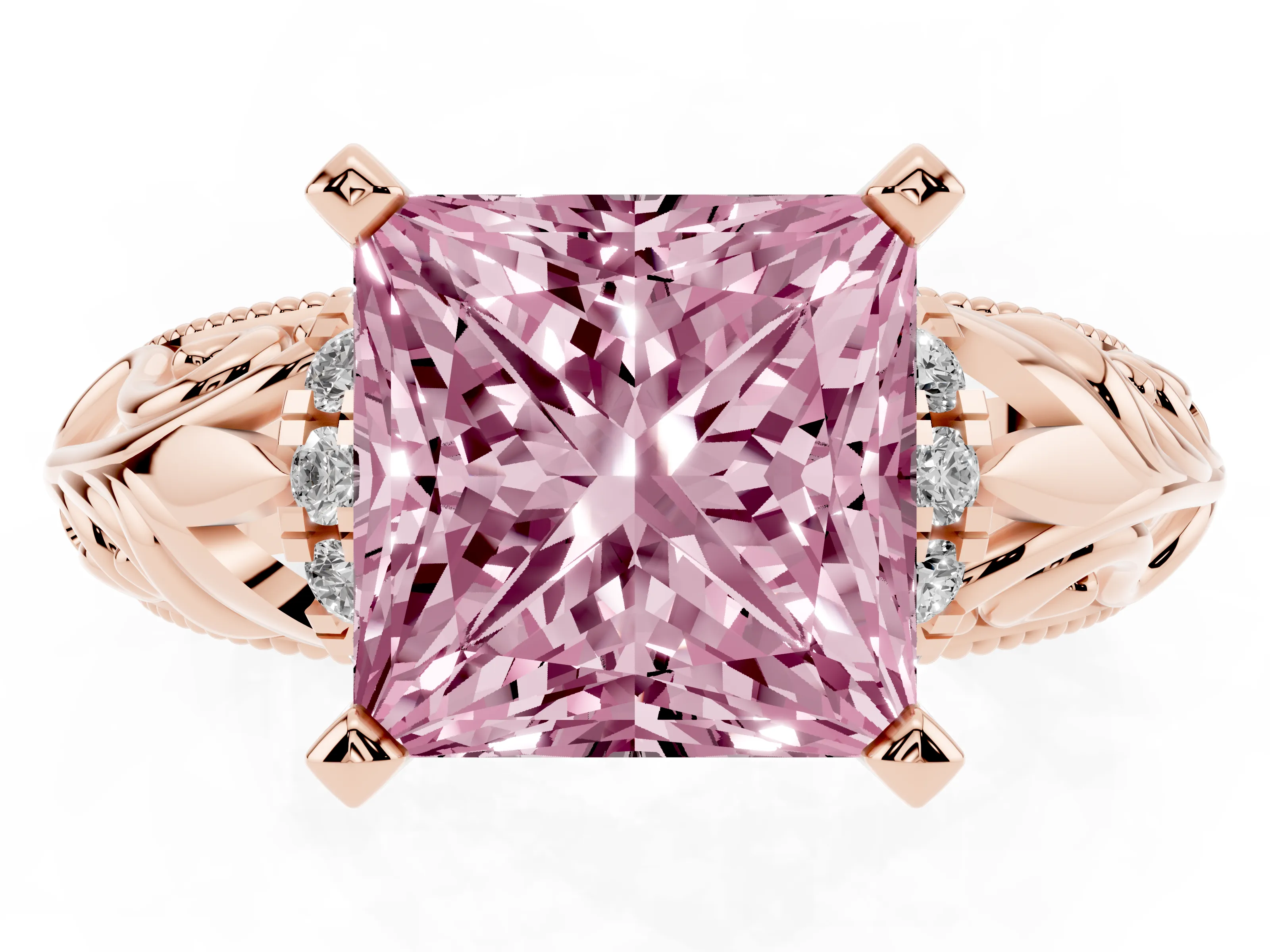 Fancy Pink Princess Cut Diamond Filigree Halo Engagement Ring Set in Rose gold with Prong Setting