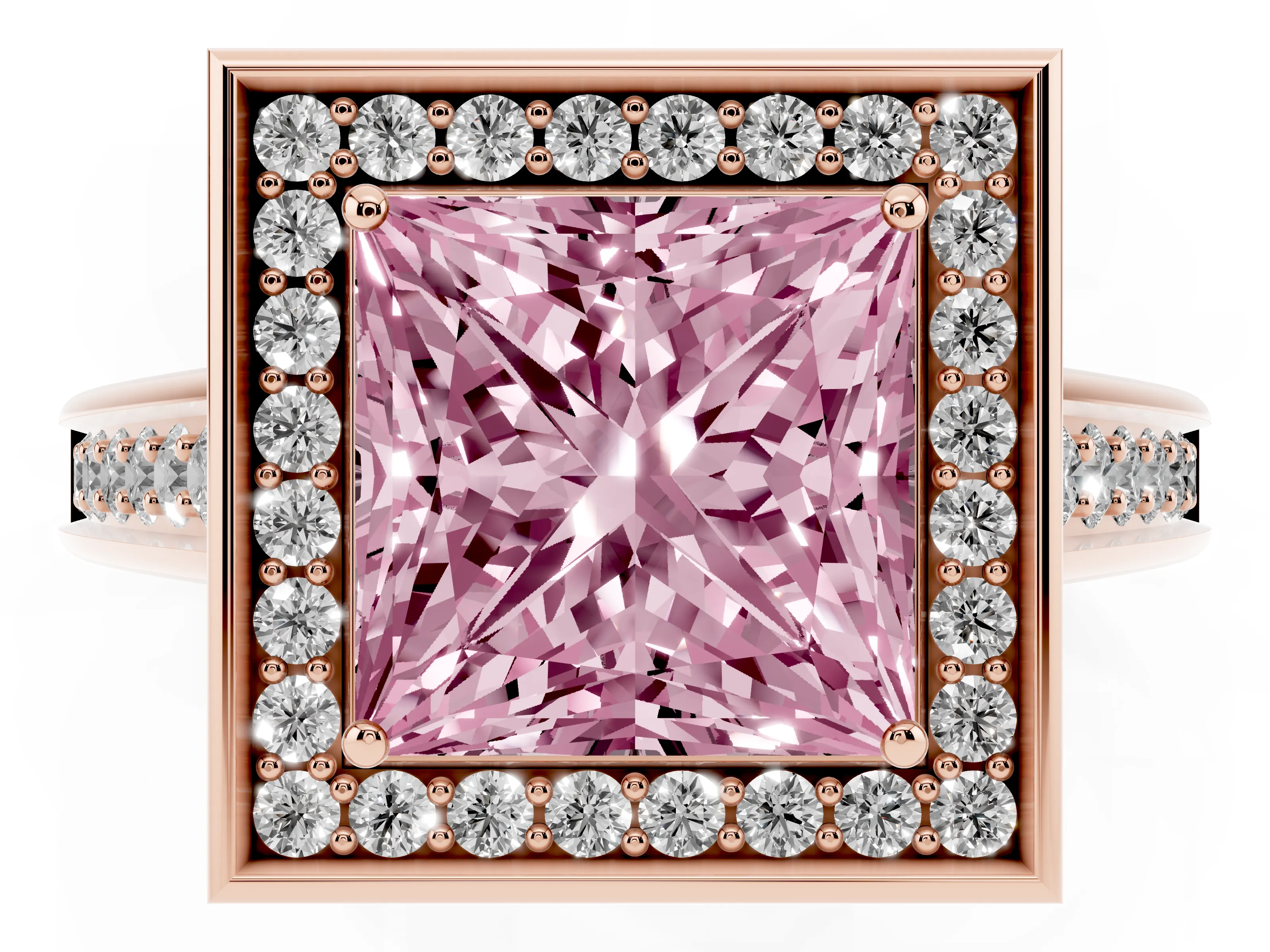Fancy Pink Princess Cut Diamond Halo Solitaire Ring Set in Rose gold with Pavé Band and Bezel Setting