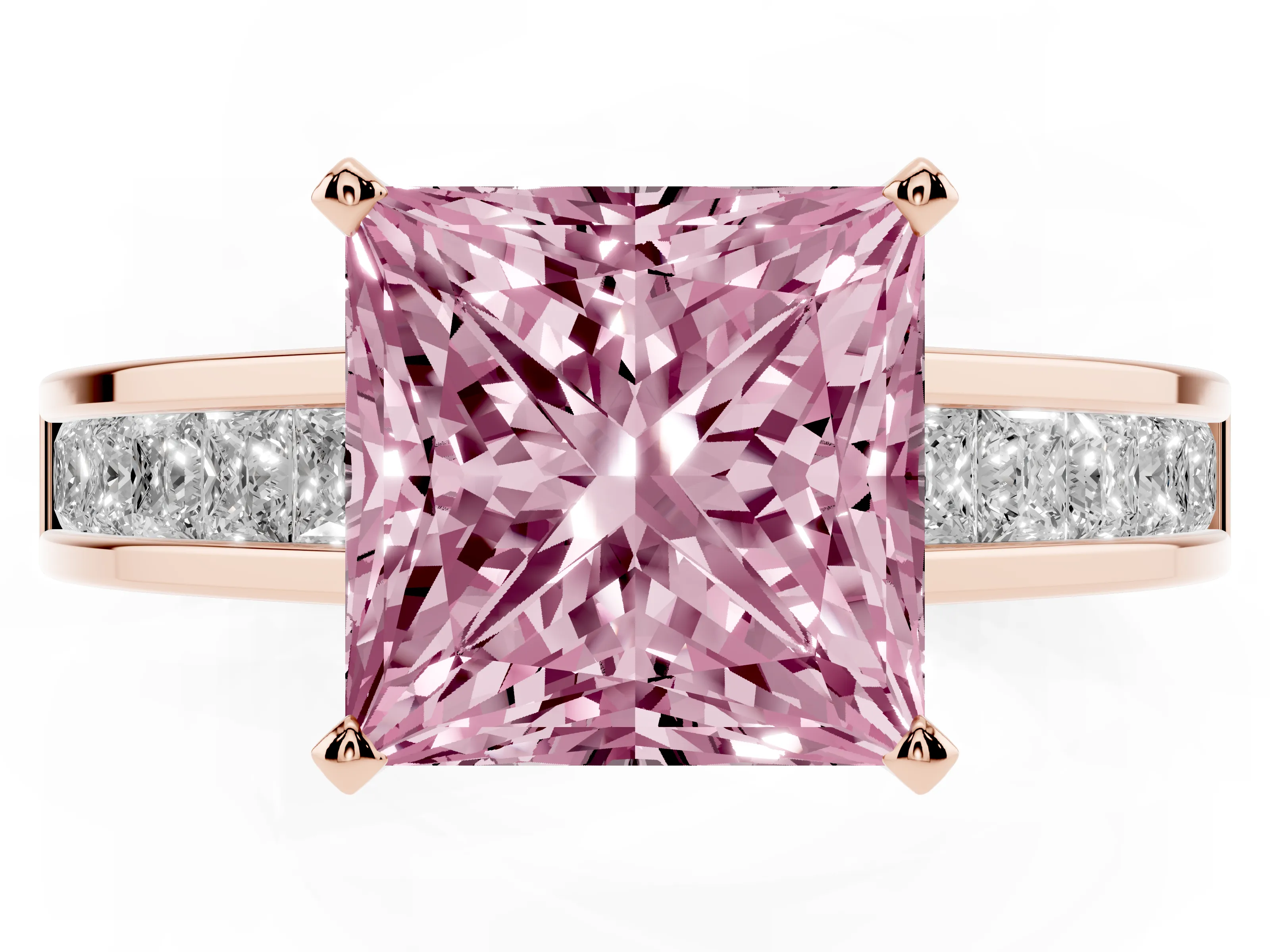Fancy Pink Princess Cut Diamond Solitaire Ring Set in Rose gold with Channel-Set Band and Prong Setting